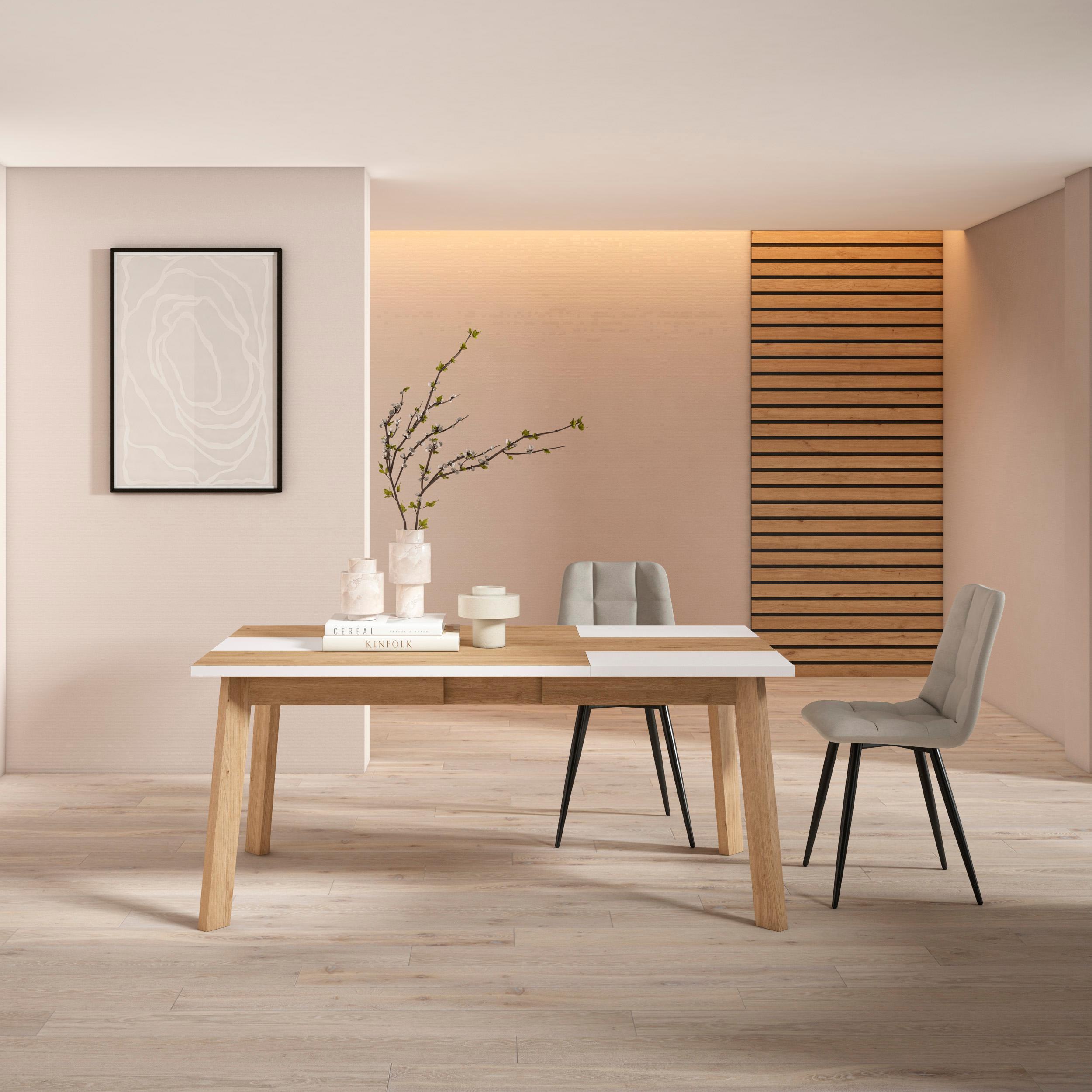 Tavolo da Pranzo, 168x90x74cm, Per 8 persone, Gambe in legno, colore Rovere e bianco RF2887