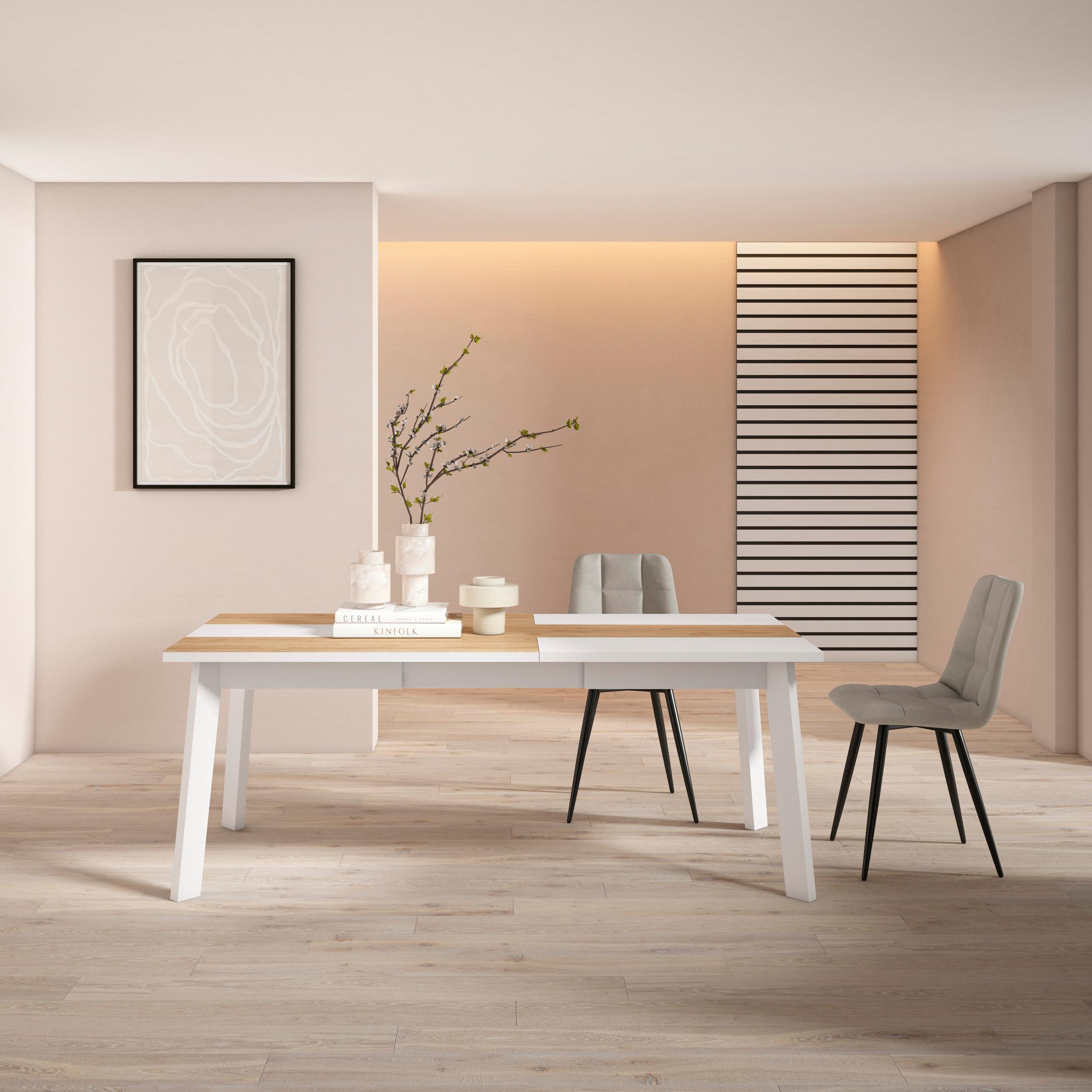 Tavolo da Pranzo, 194x90x74cm, Per 10 persone, Gambe in legno, colore Rovere e bianco RF2914