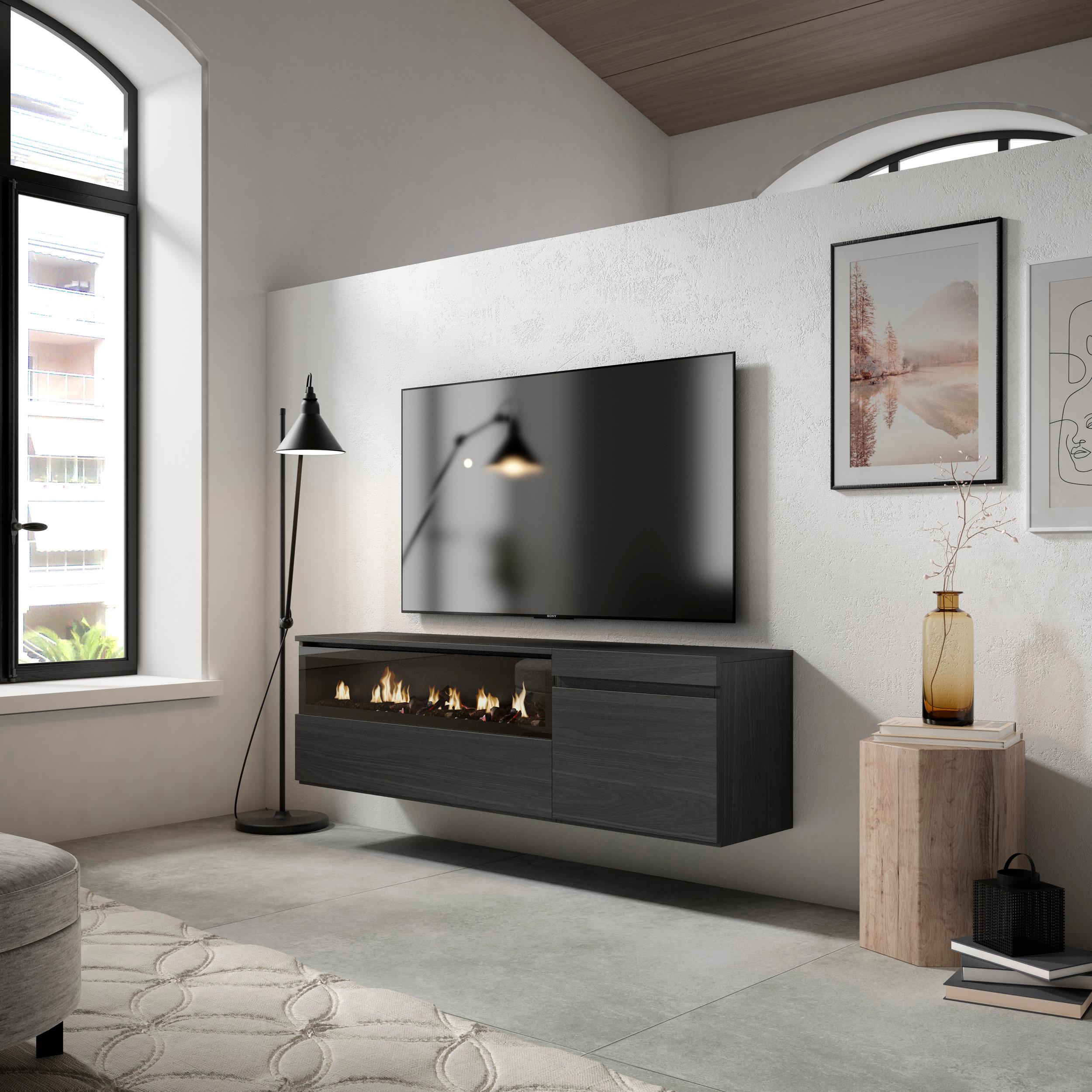 Mobile TV Soggiorno, 150x35x45cm, Per TV fino a 65", Camino elettrico, da appendere, Nero RF2480