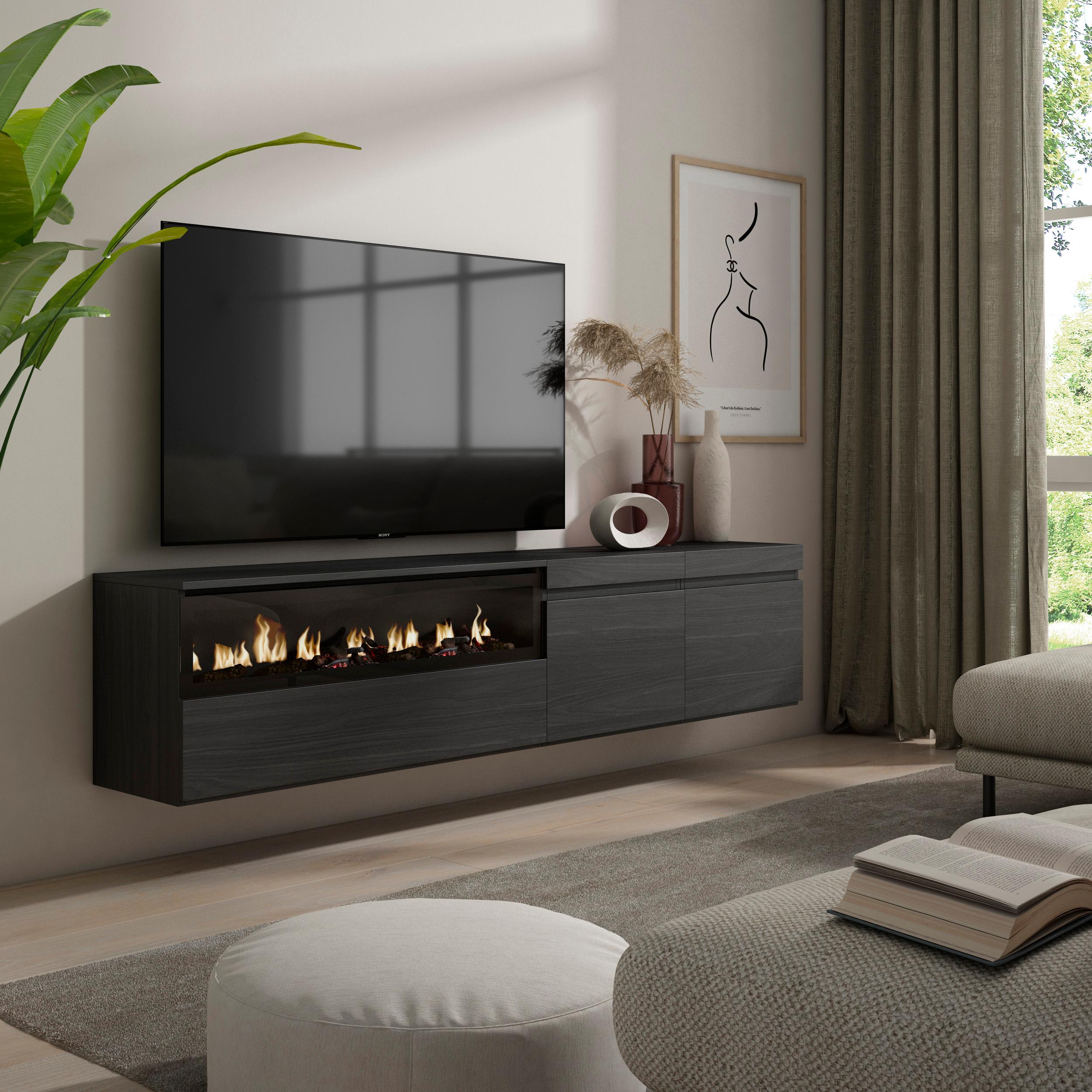 Mobile TV, 200x35x45cm, soggiorno, Per TV fino a 80", Camino elettrico, da appendere, Nero RF2183