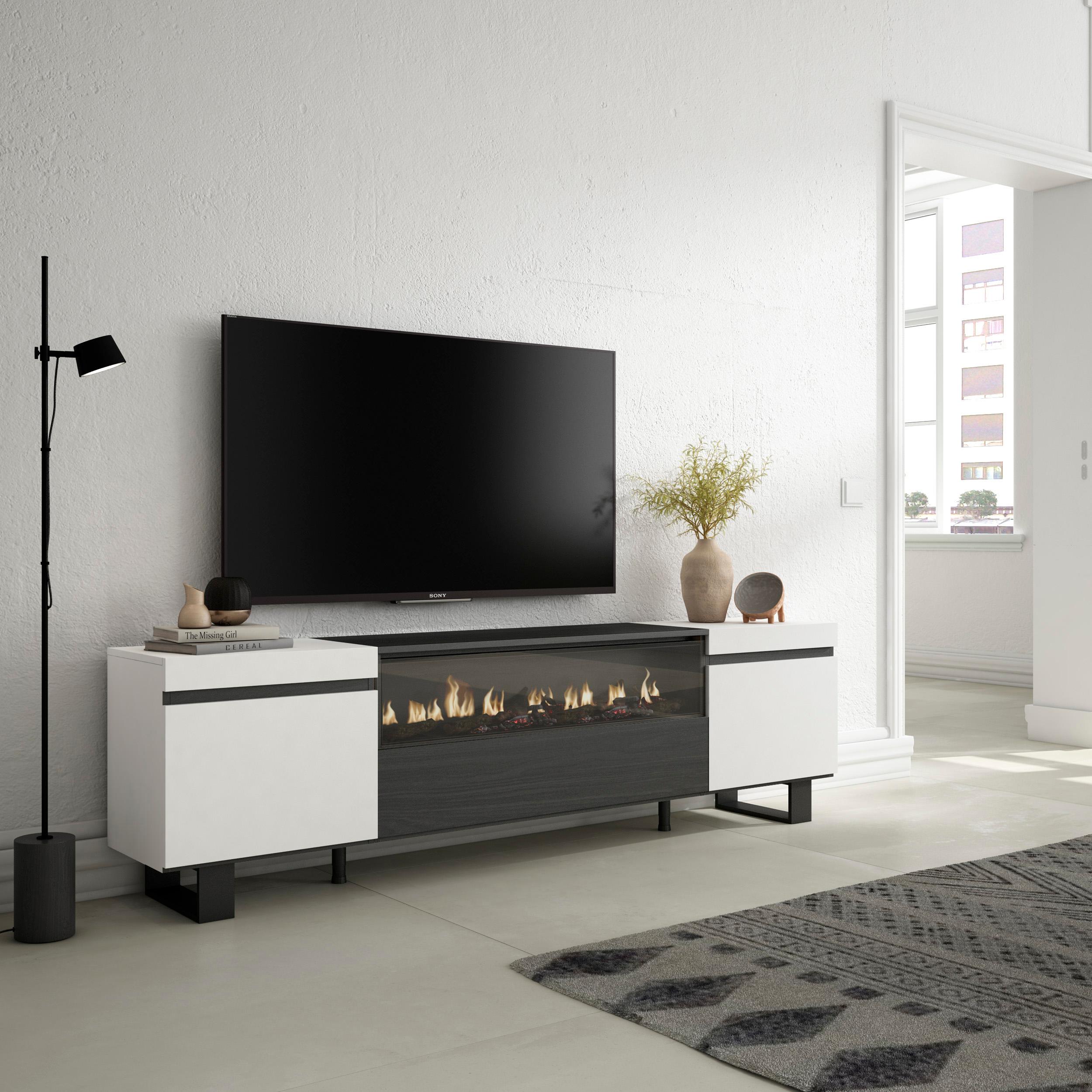 Mobile TV, 200x35x57cm, soggiorno, Per TV fino a 80", Camino elettrico, Design industriale, Bianco e nero RF2206