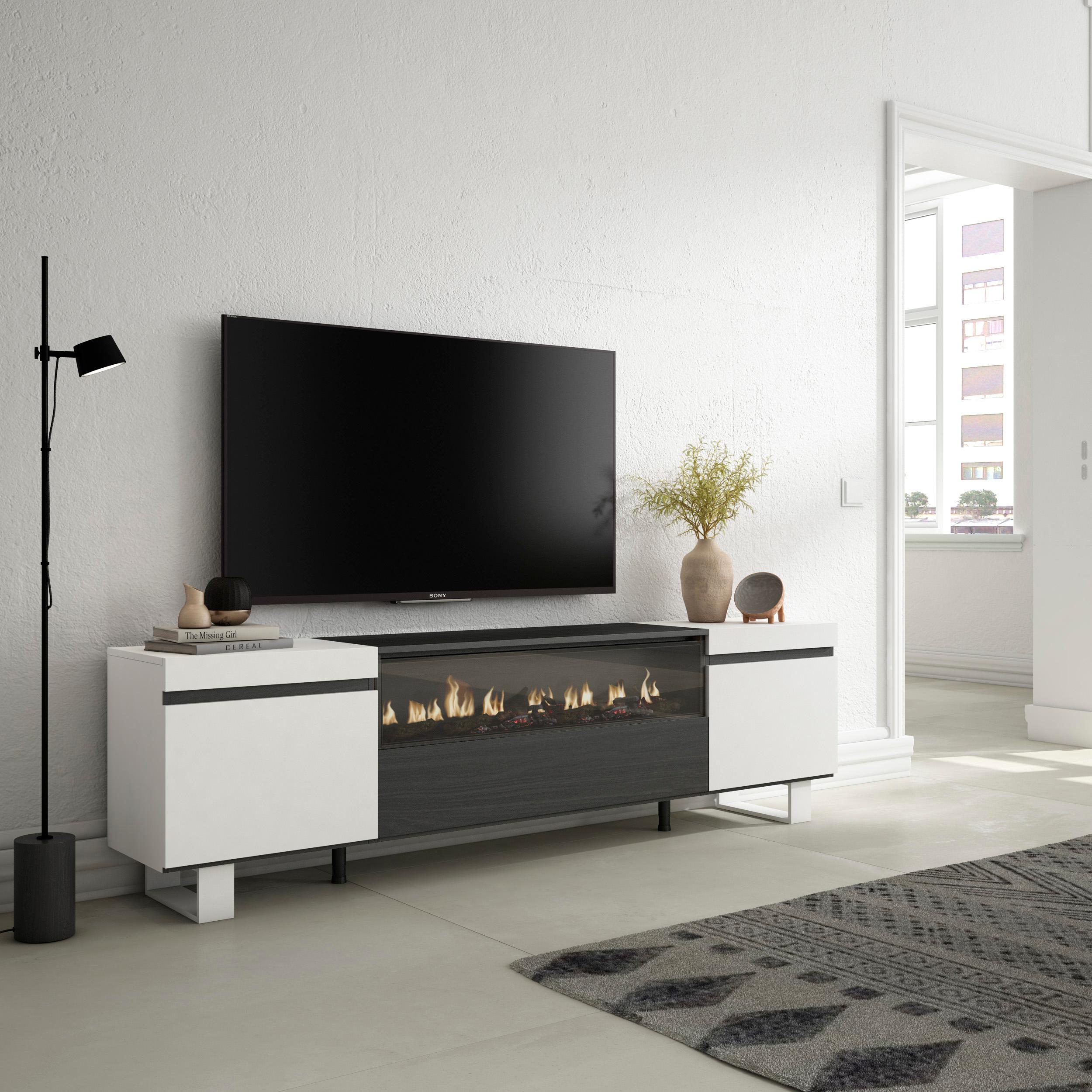 Mobile TV, 200x35x57cm, soggiorno, Per TV fino a 80", Camino elettrico, Design industriale, Bianco e nero RF2170
