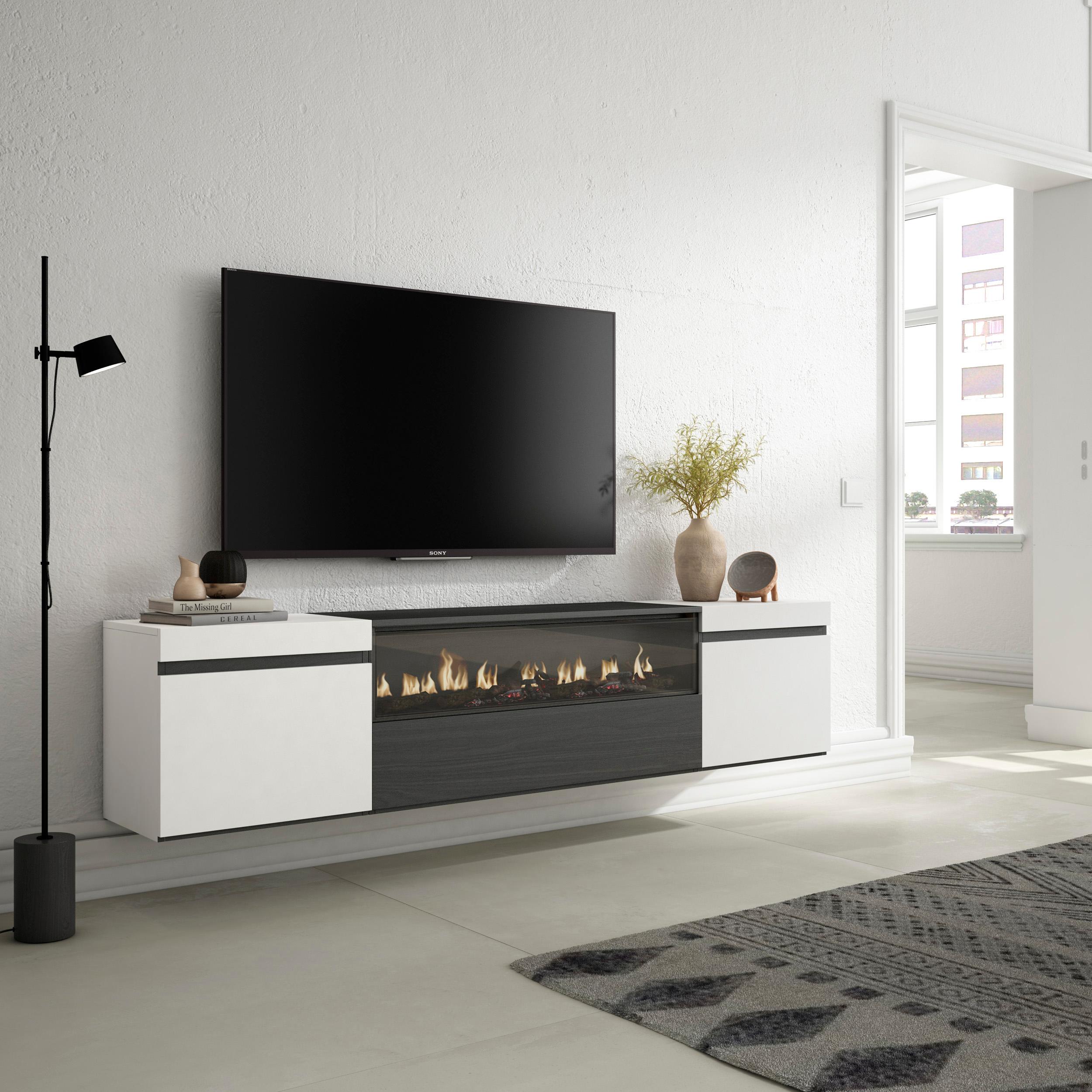 Mobile TV, 200x35x45cm, soggiorno, Per TV fino a 80", Camino elettrico, da appendere, Bianco e nero RF2207
