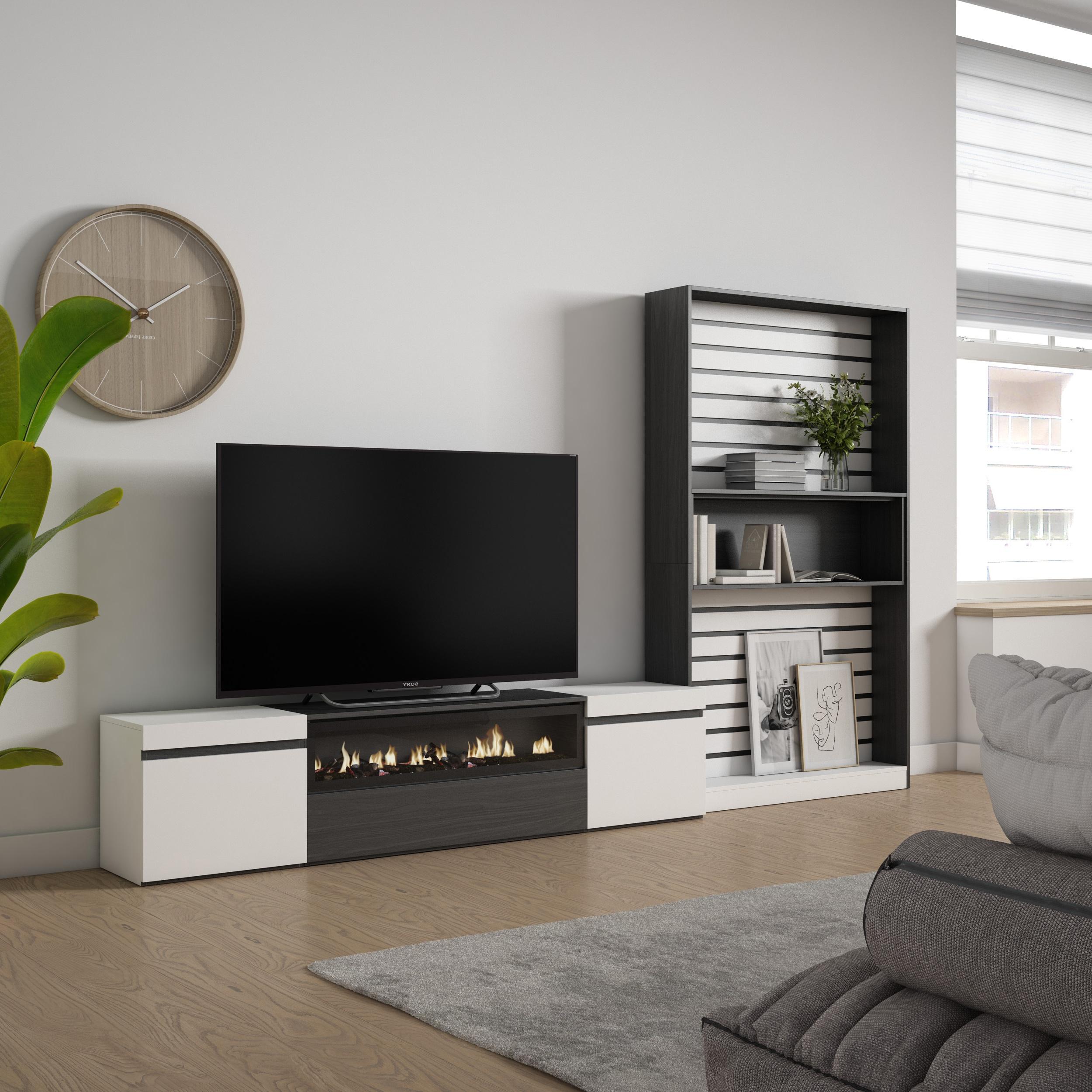 Mobile TV, Soggiorno, 310x35x186cm, Per TV fino a 80", Camino elettrico, Bianco e nero RF2851