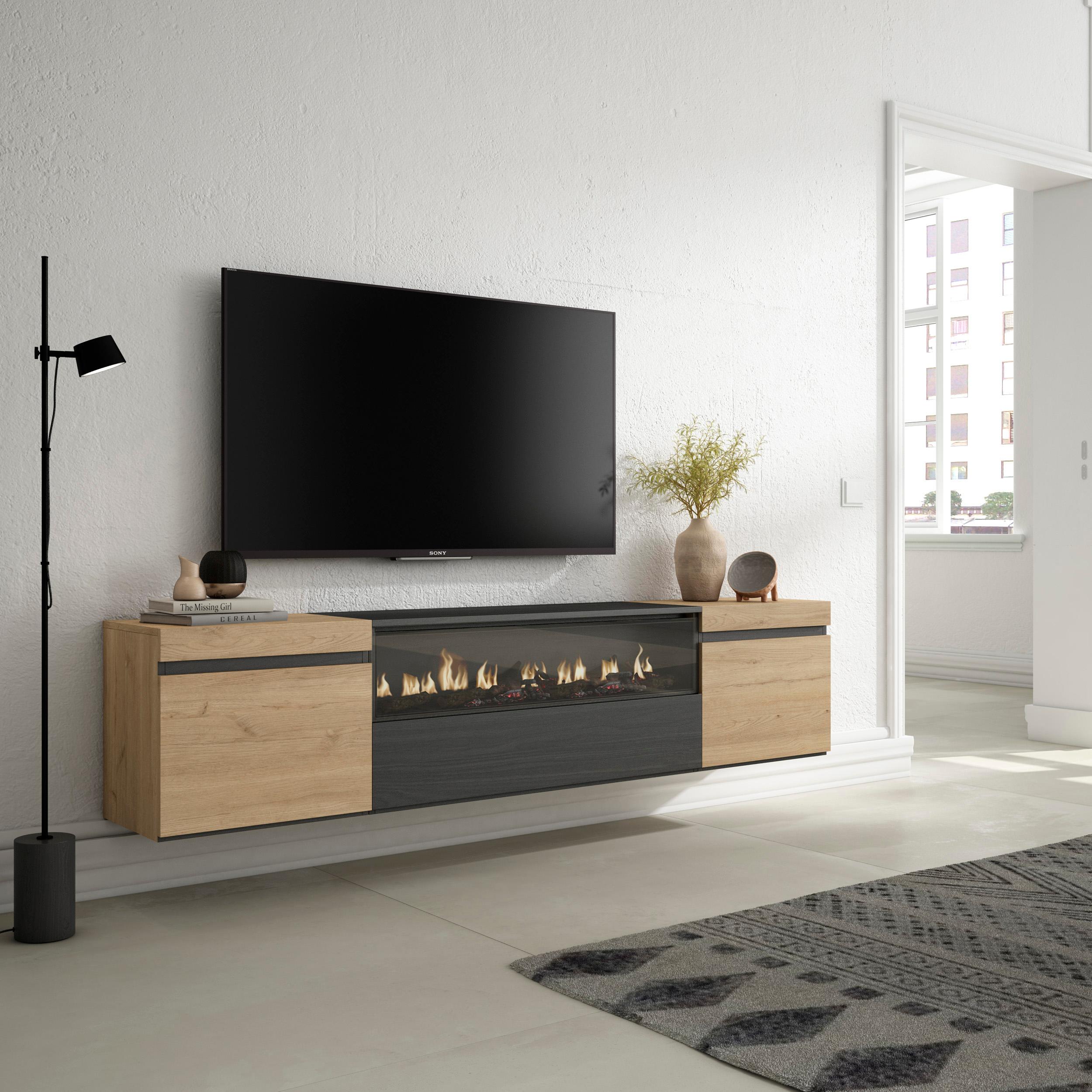 Mobile TV, 200x35x45cm, soggiorno, Per TV fino a 80", Camino elettrico, da appendere, colore Rovere e nero RF2261