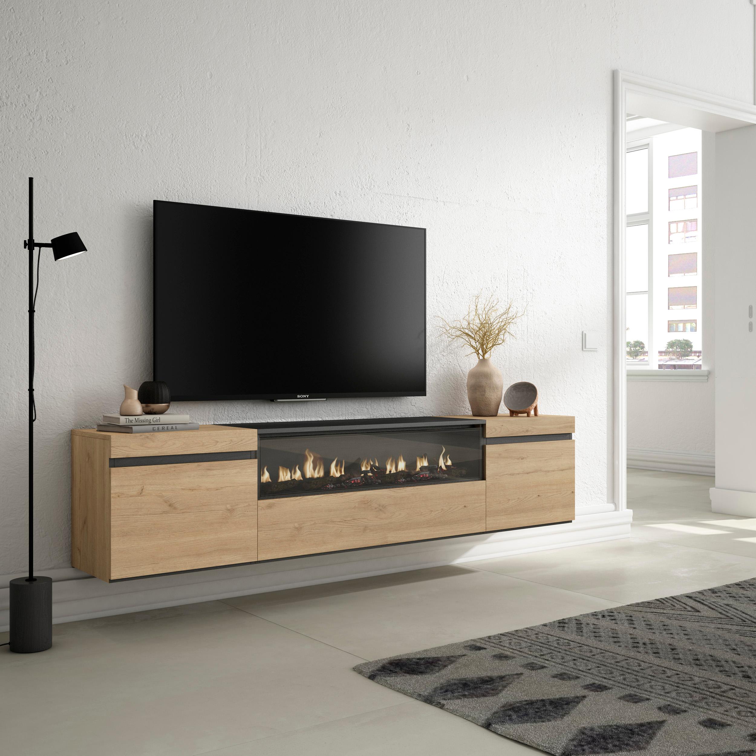 Mobile TV, 200x35x45cm, soggiorno, Per TV fino a 80", Camino elettrico, da appendere, colore Rovere e nero RF2153
