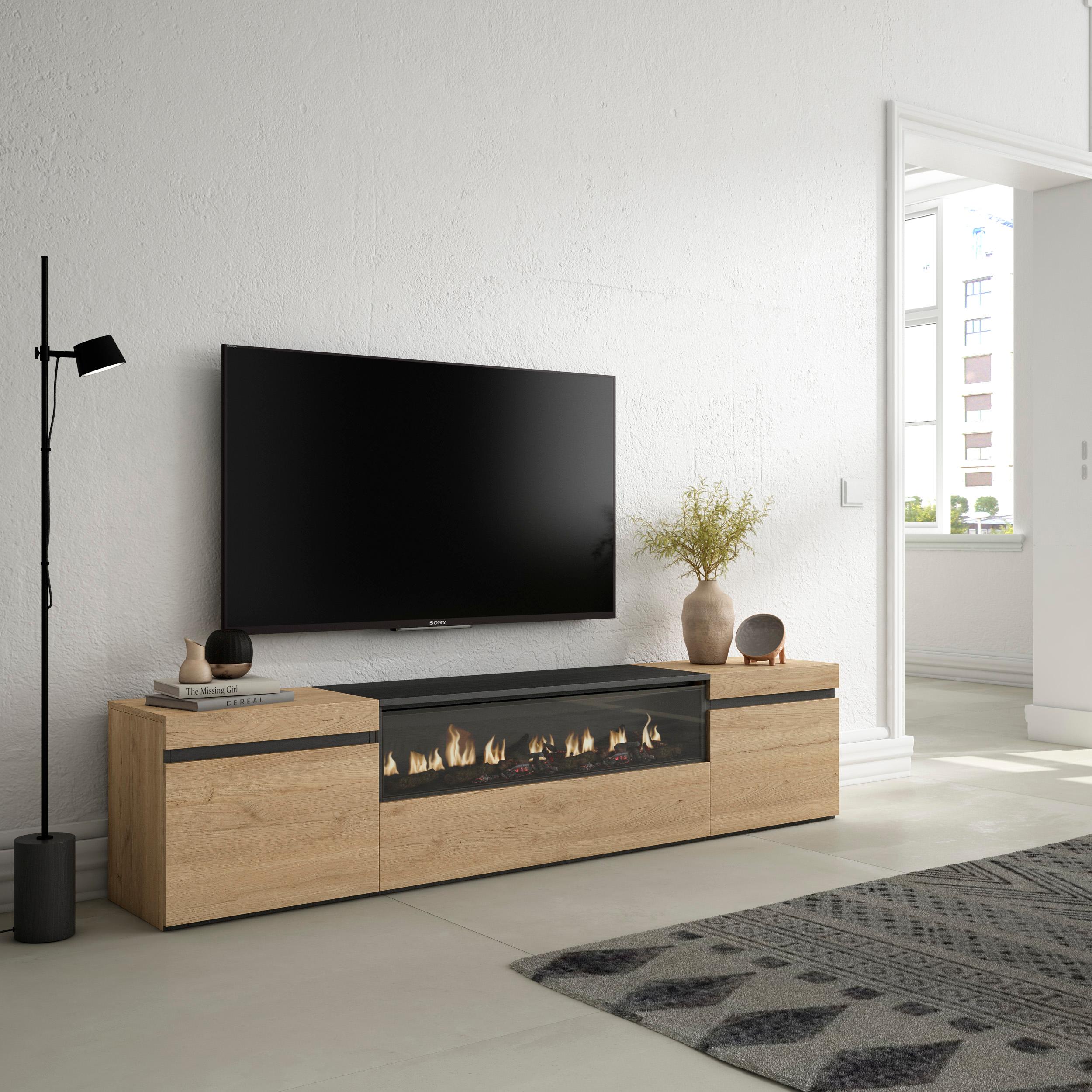 Mobile TV, 200x35x45cm, soggiorno, Per TV fino a 80", Camino elettrico, colore Rovere e nero RF2151