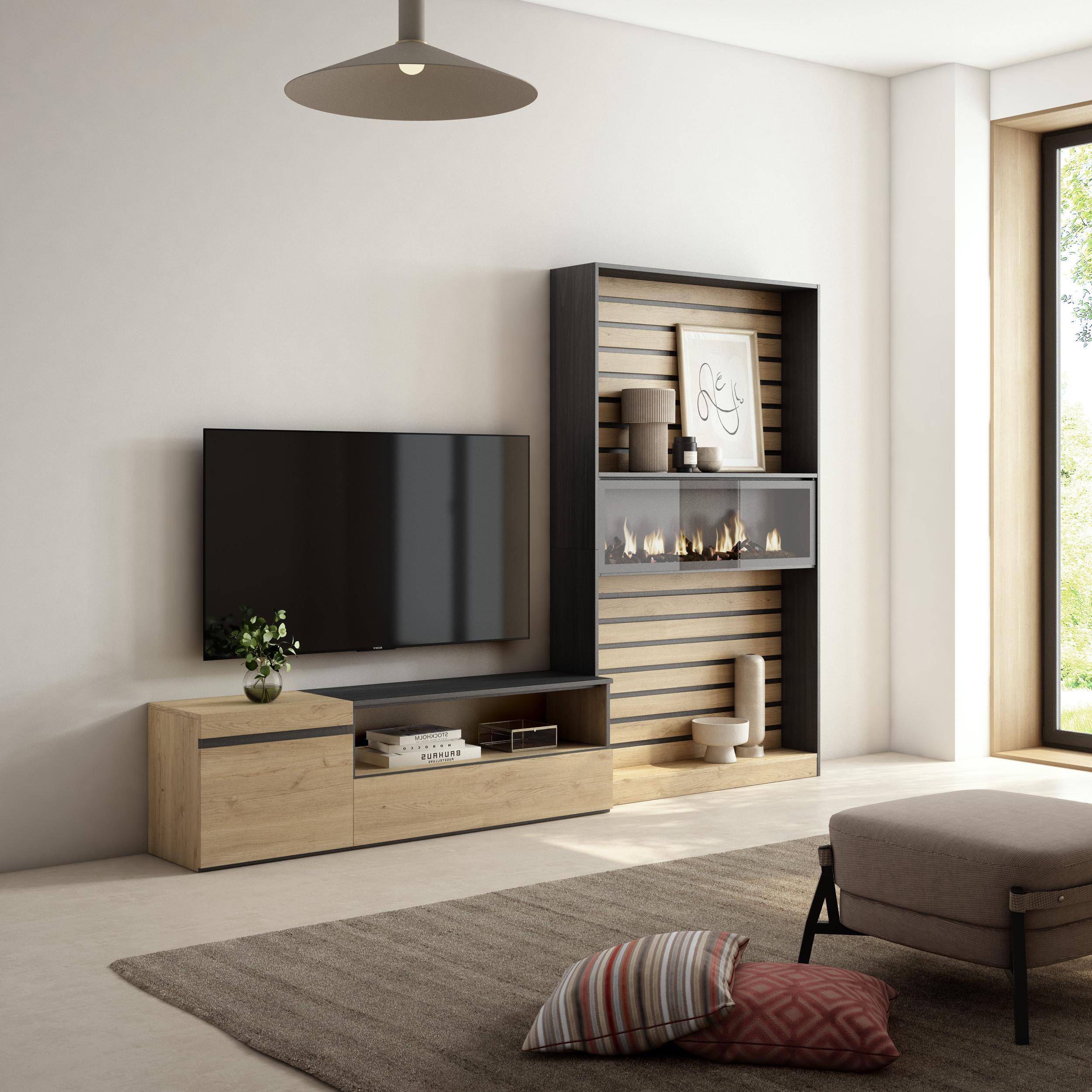 Mobile TV, Soggiorno, 260x35x186cm, Per TV fino a 65", Camino elettrico, colore Rovere e nero RF2540