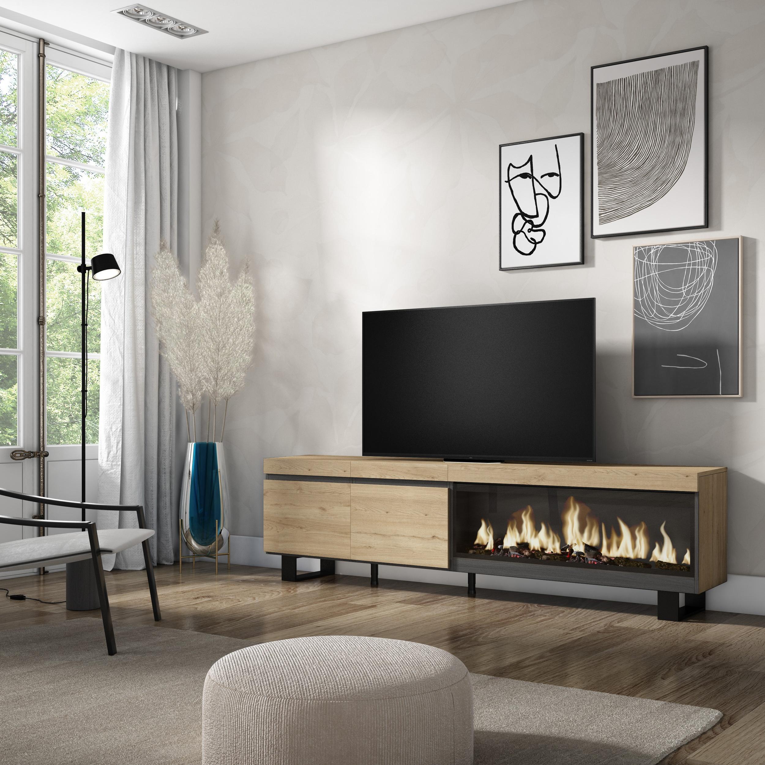 Mobile TV Soggiorno, 208x35x57cm, Per TV fino a 80", Camino elettrico XXL, Design industriale, colore Rovere RF3278