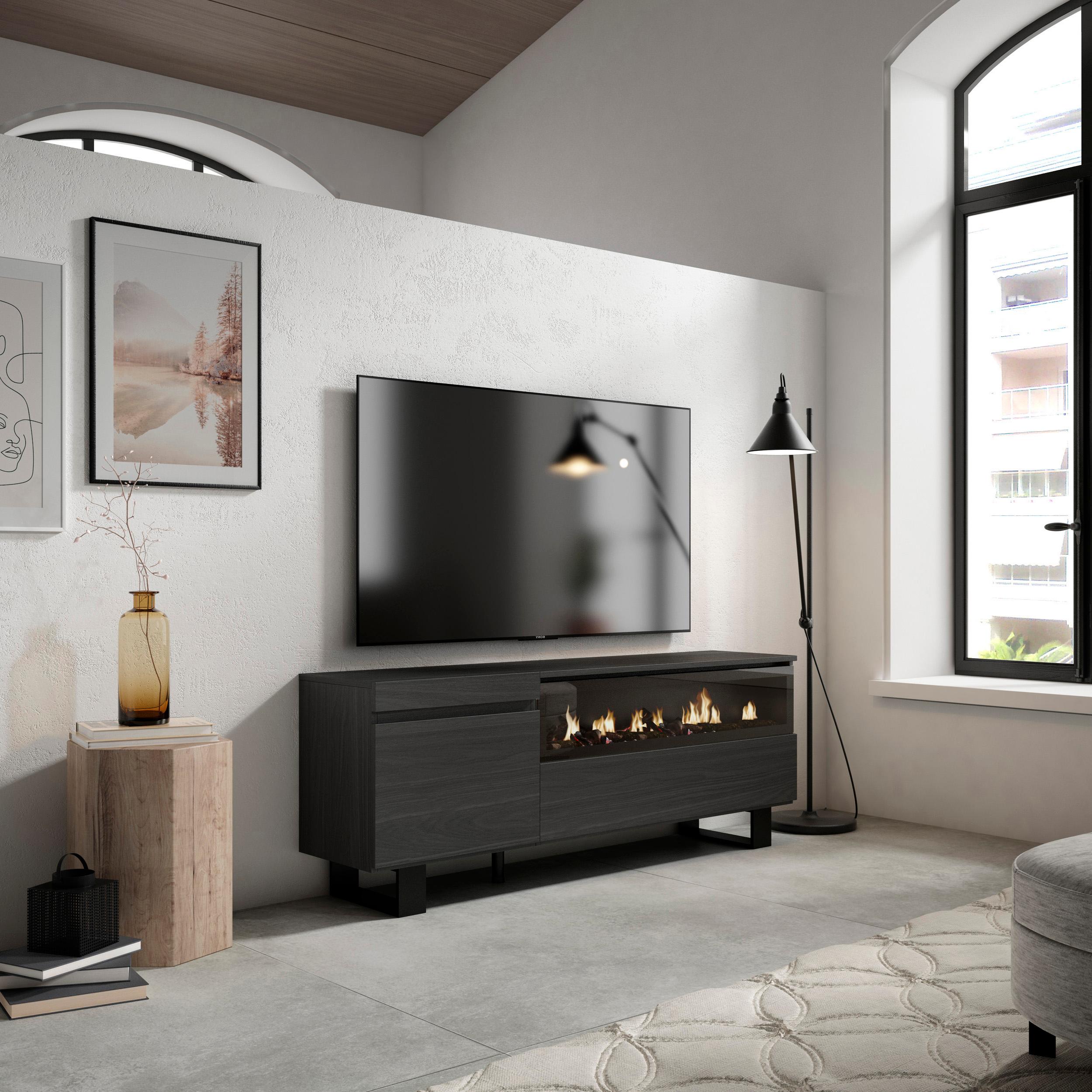 Mobile TV Soggiorno, 150x35x57cm, Per TV fino a 65", Camino elettrico, Design industriale, Nero RF2485