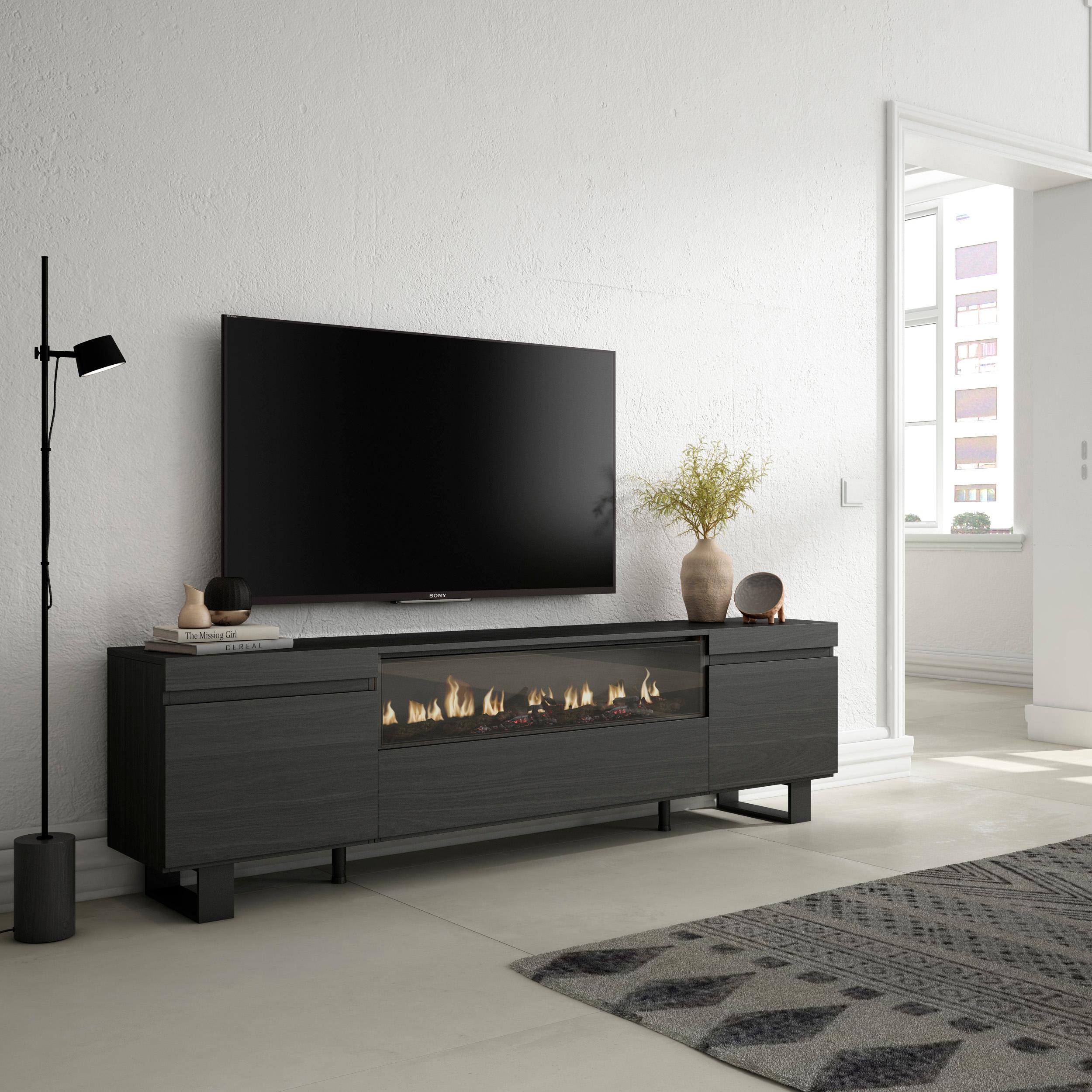 Mobile TV, 200x35x57cm, soggiorno, Per TV fino a 80", Camino elettrico, Design industriale, Nero RF2188