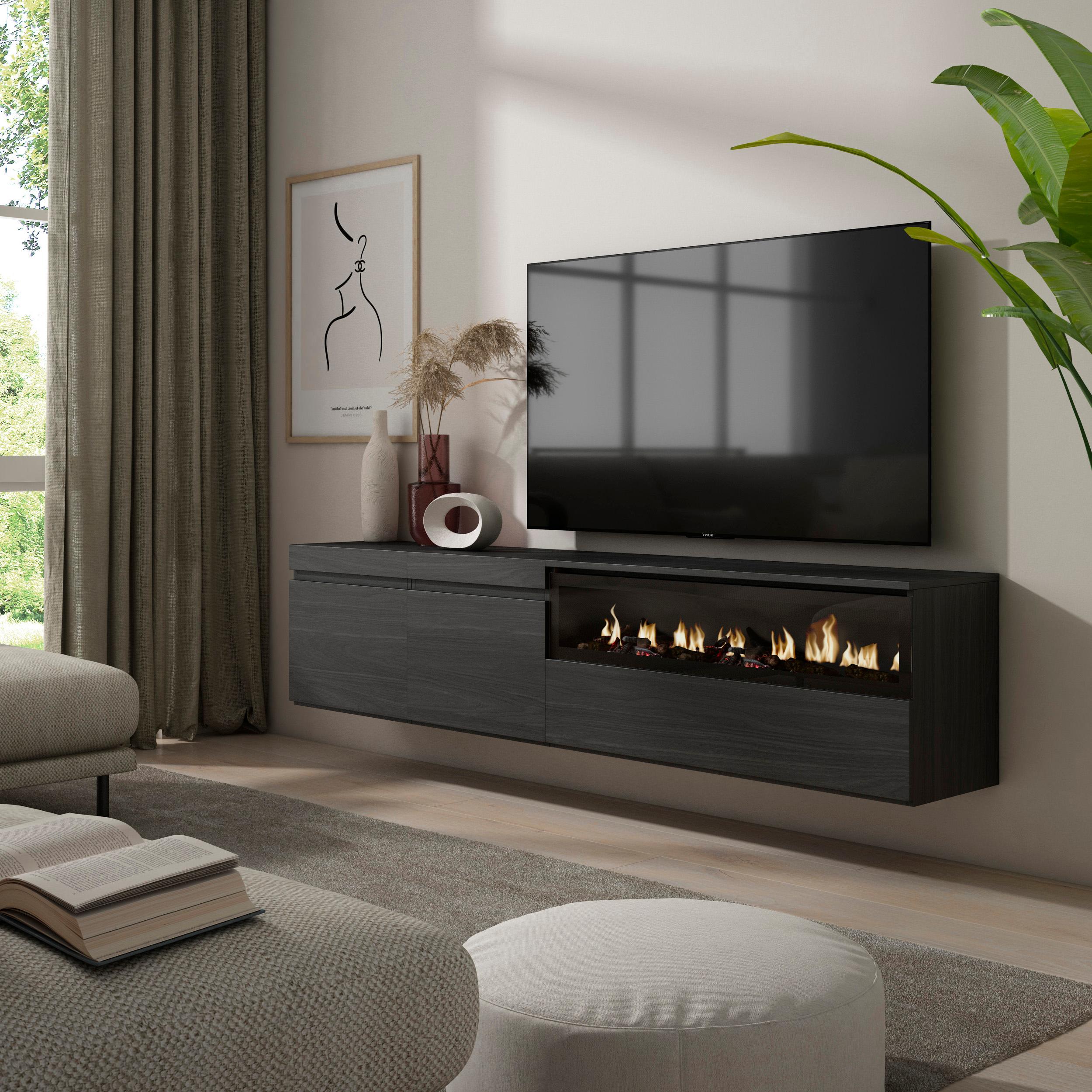 Mobile TV, 200x35x45cm, soggiorno, Per TV fino a 80", Camino elettrico, da appendere, Nero RF2195