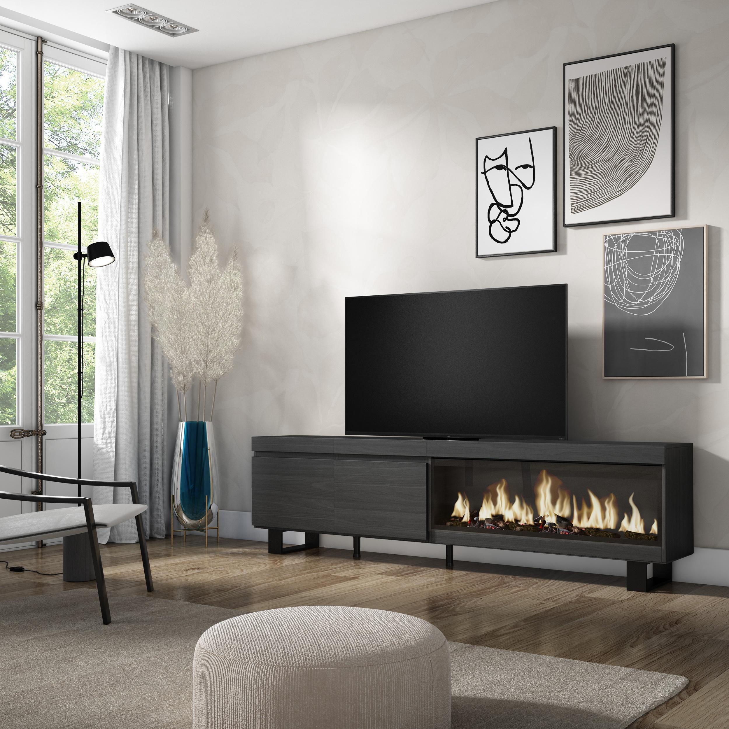 Mobile TV Soggiorno, 208x35x57cm, Per TV fino a 80", Camino elettrico XXL, Design industriale, Nero RF3260