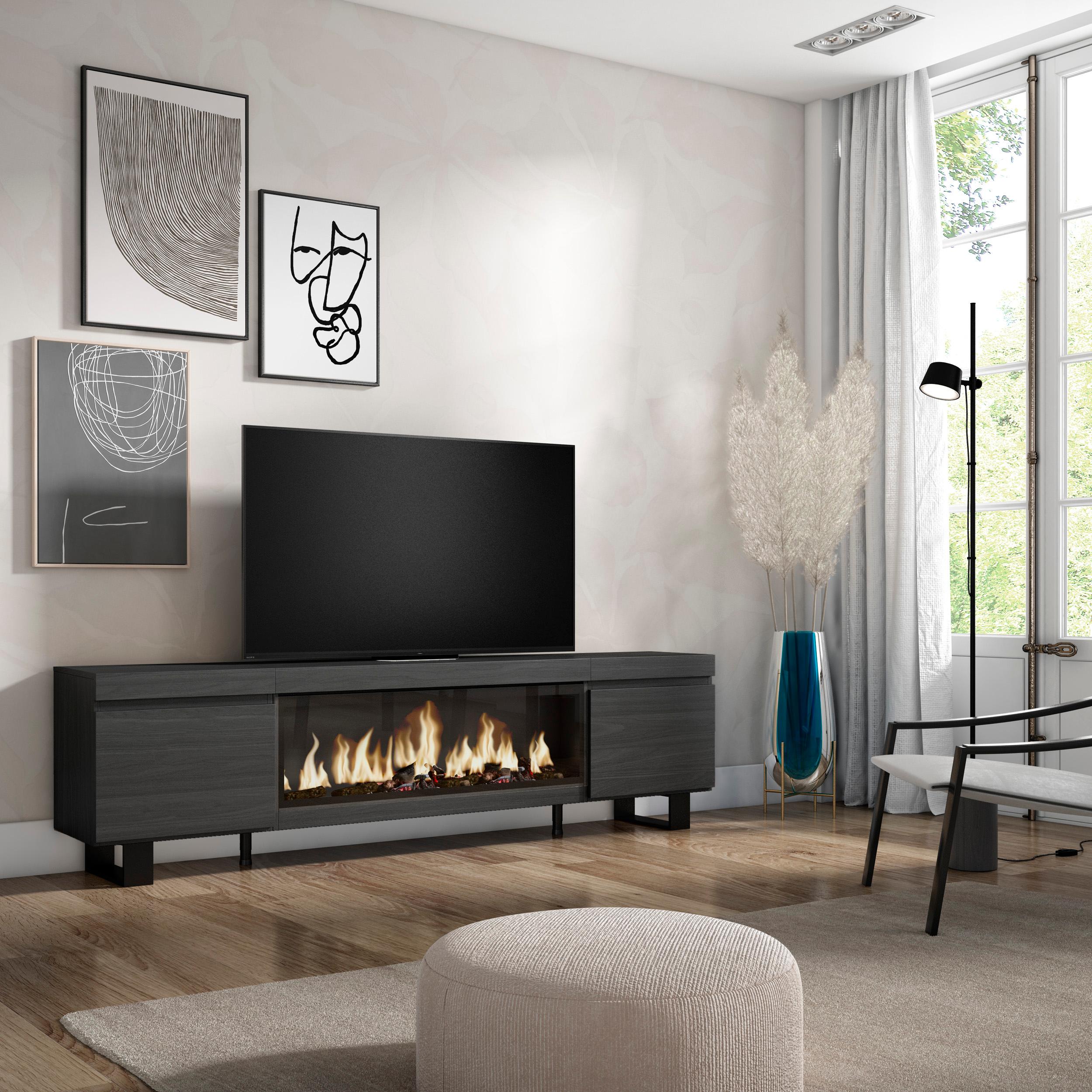 Mobile TV Soggiorno, 208x35x57cm, Per TV fino a 80", Camino elettrico XXL, Design industriale, Nero RF3259