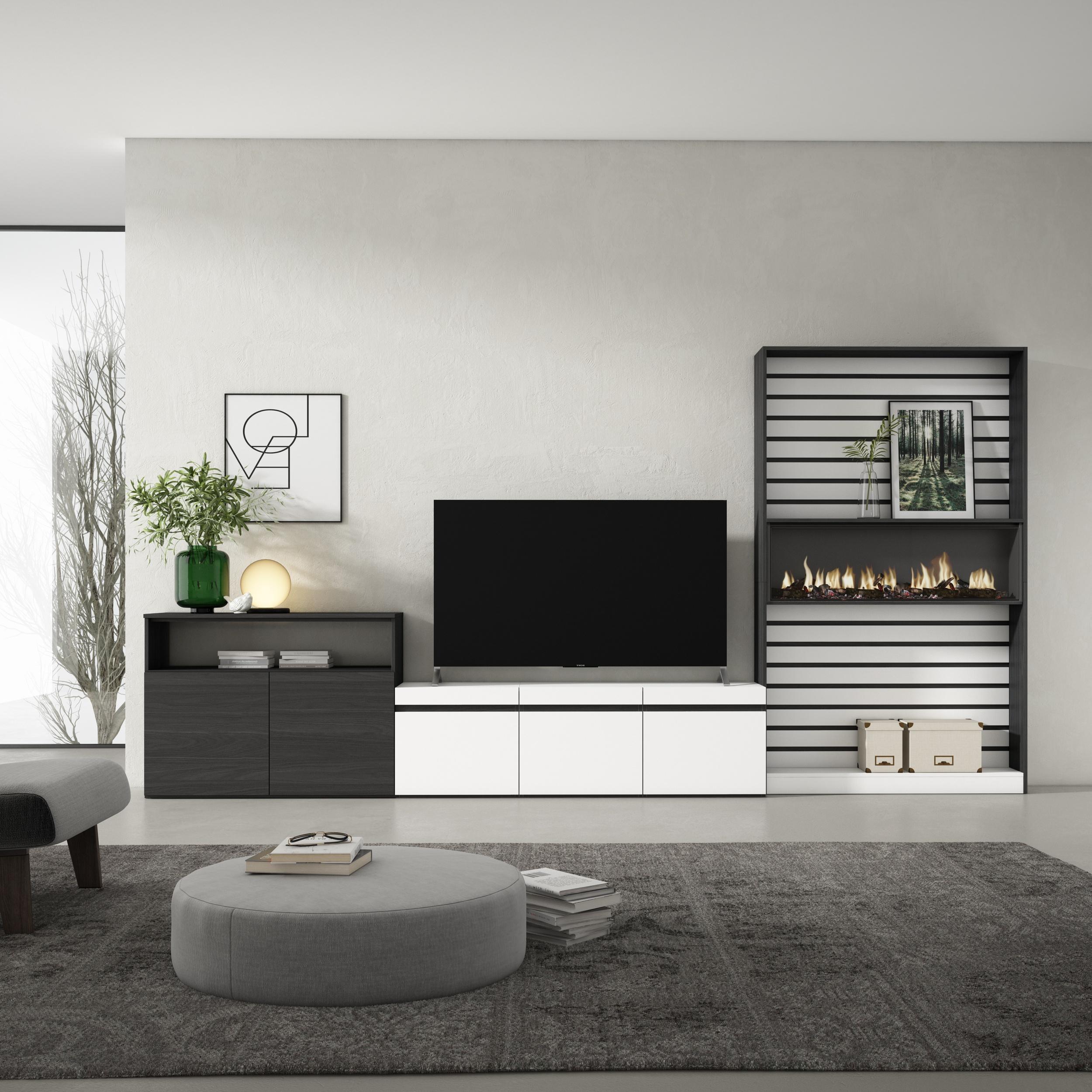 Mobile TV, Soggiorno, 360x35x186cm, Per TV fino a 65", Camino elettrico, Bianco e nero RF3188