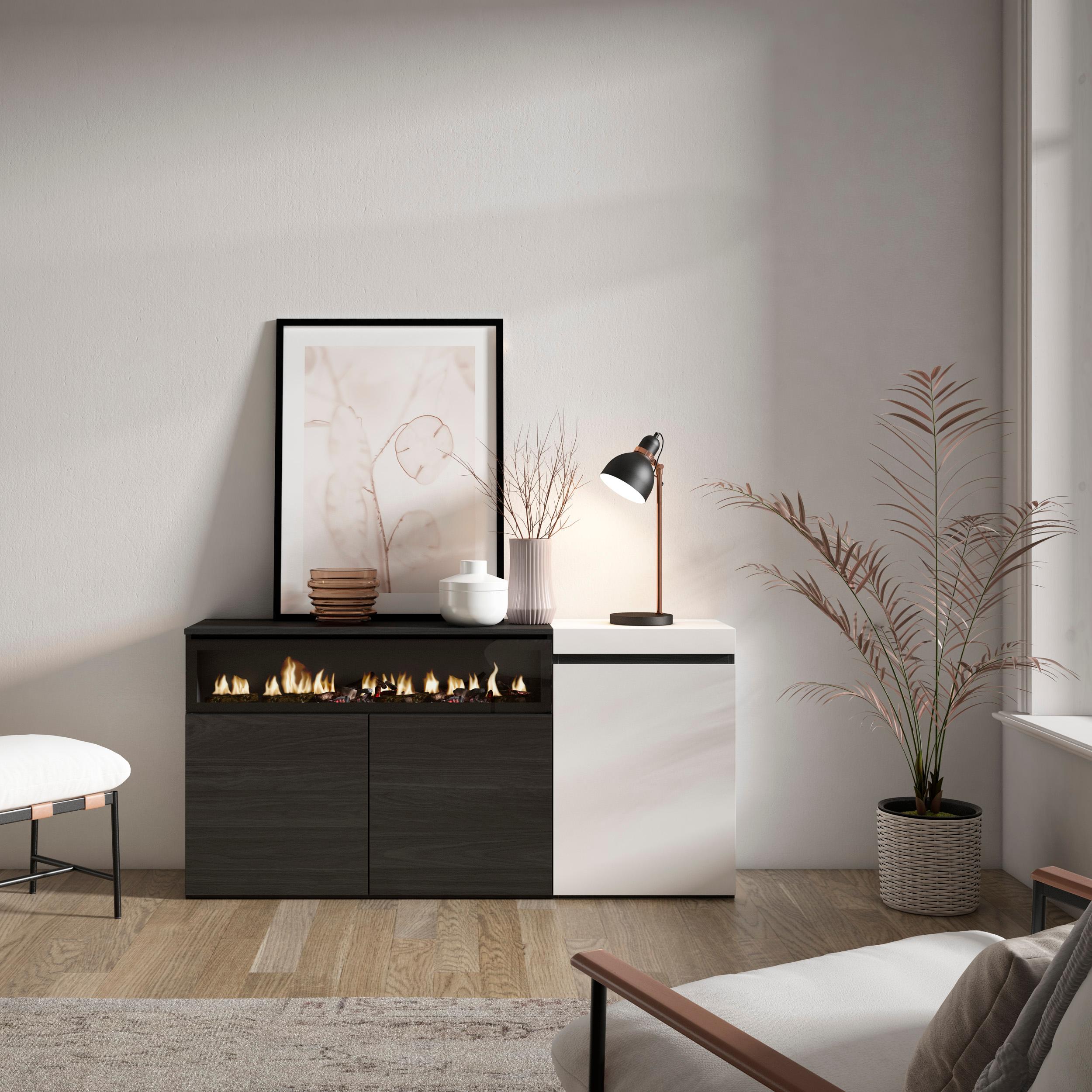 Credenza, Mobile, 150x35x75cm, 3 Porte, Camino elettrico, Bianco e nero RF2502