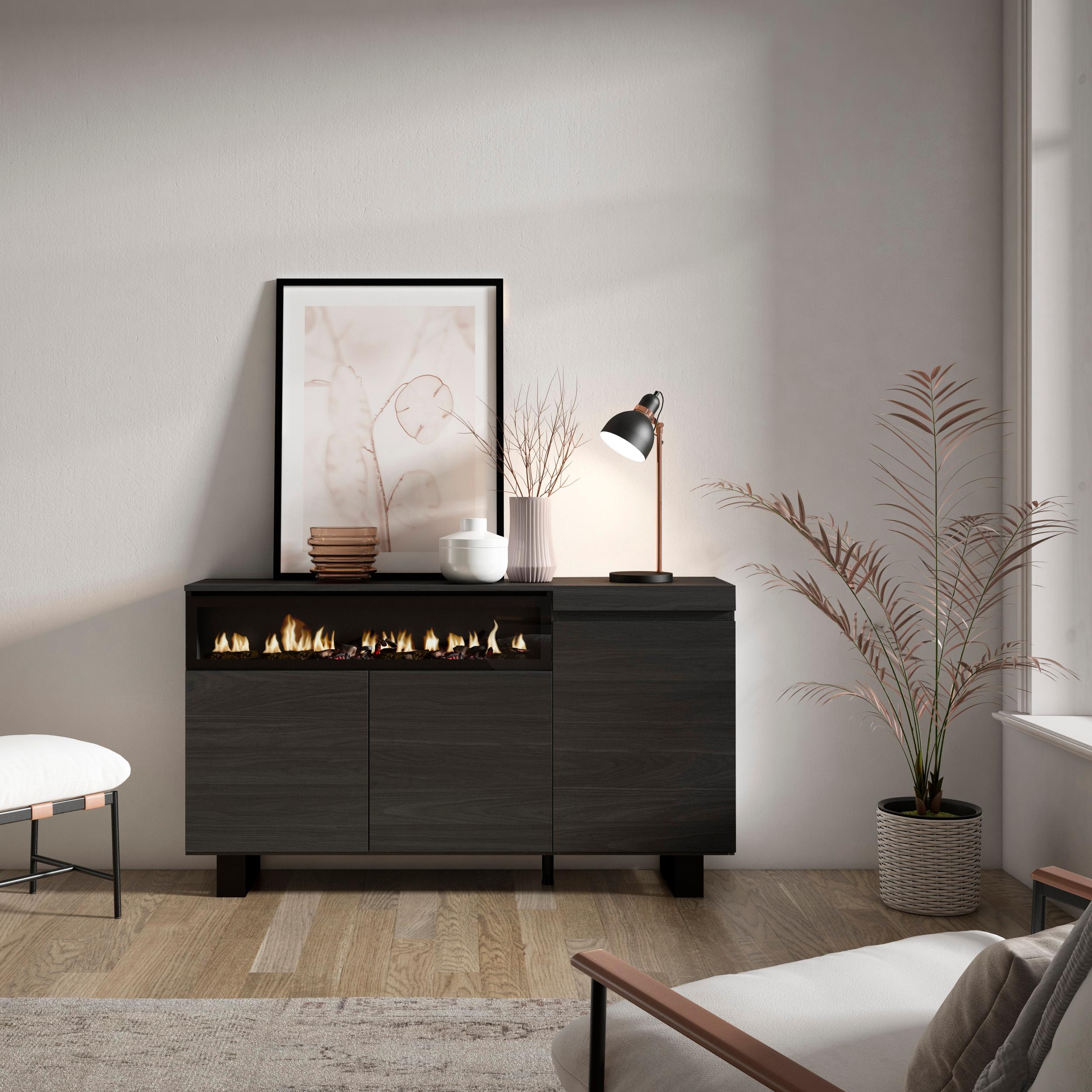 Credenza, Mobile, 150x35x87cm, 3 Porte, Camino elettrico, Design industriale, Nero RF2511