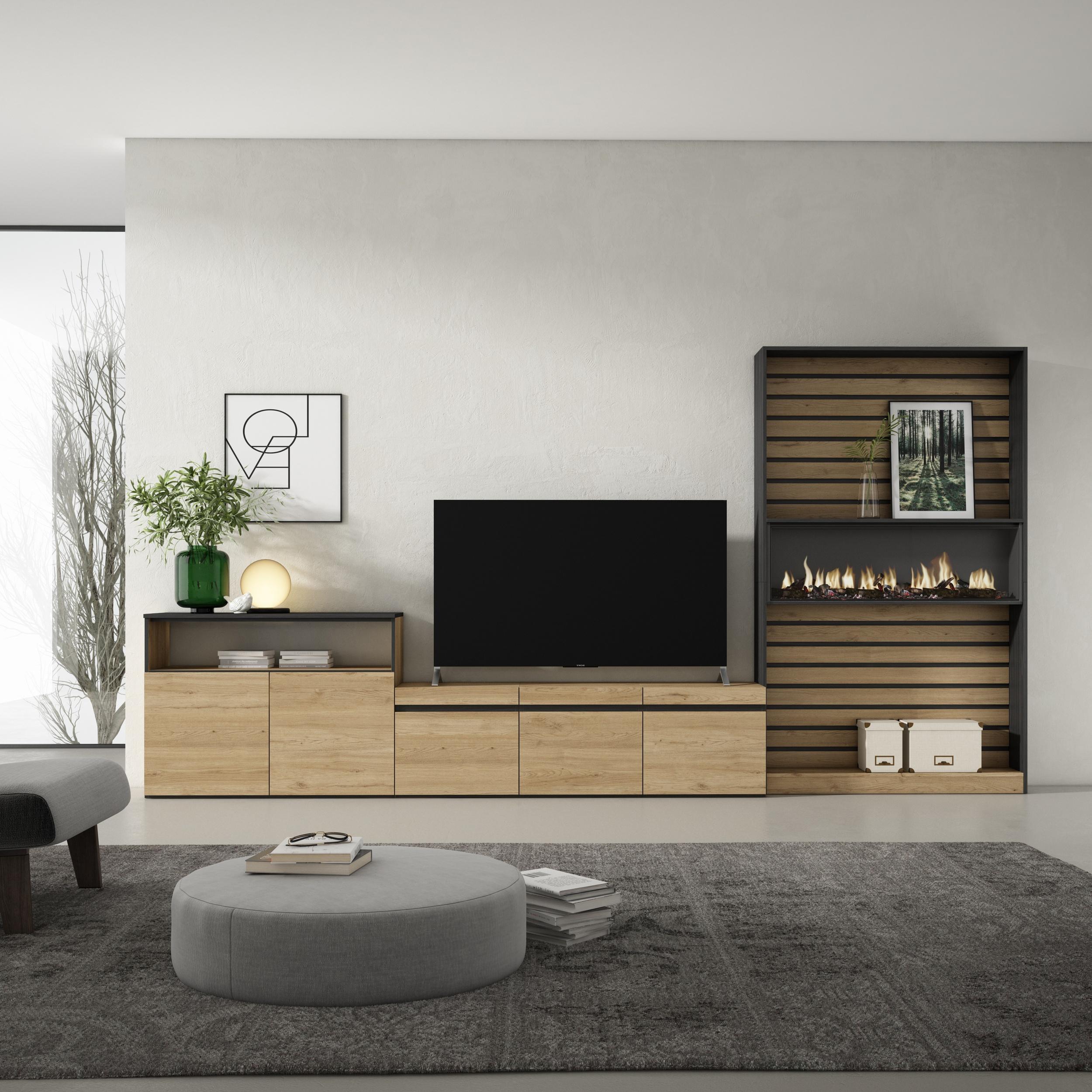 Mobile TV, Soggiorno, 360x35x186cm, Per TV fino a 65", Camino elettrico, colore Rovere e nero RF3163