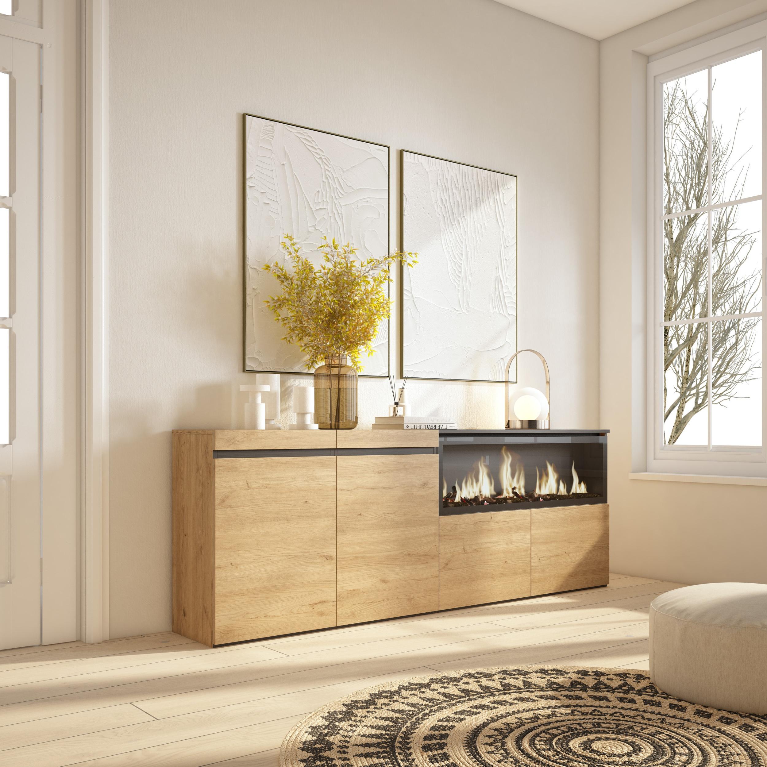 Credenza, Mobile, 208x35x75cm, 4 Porte, Camino elettrico XXL, colore Rovere RF3227