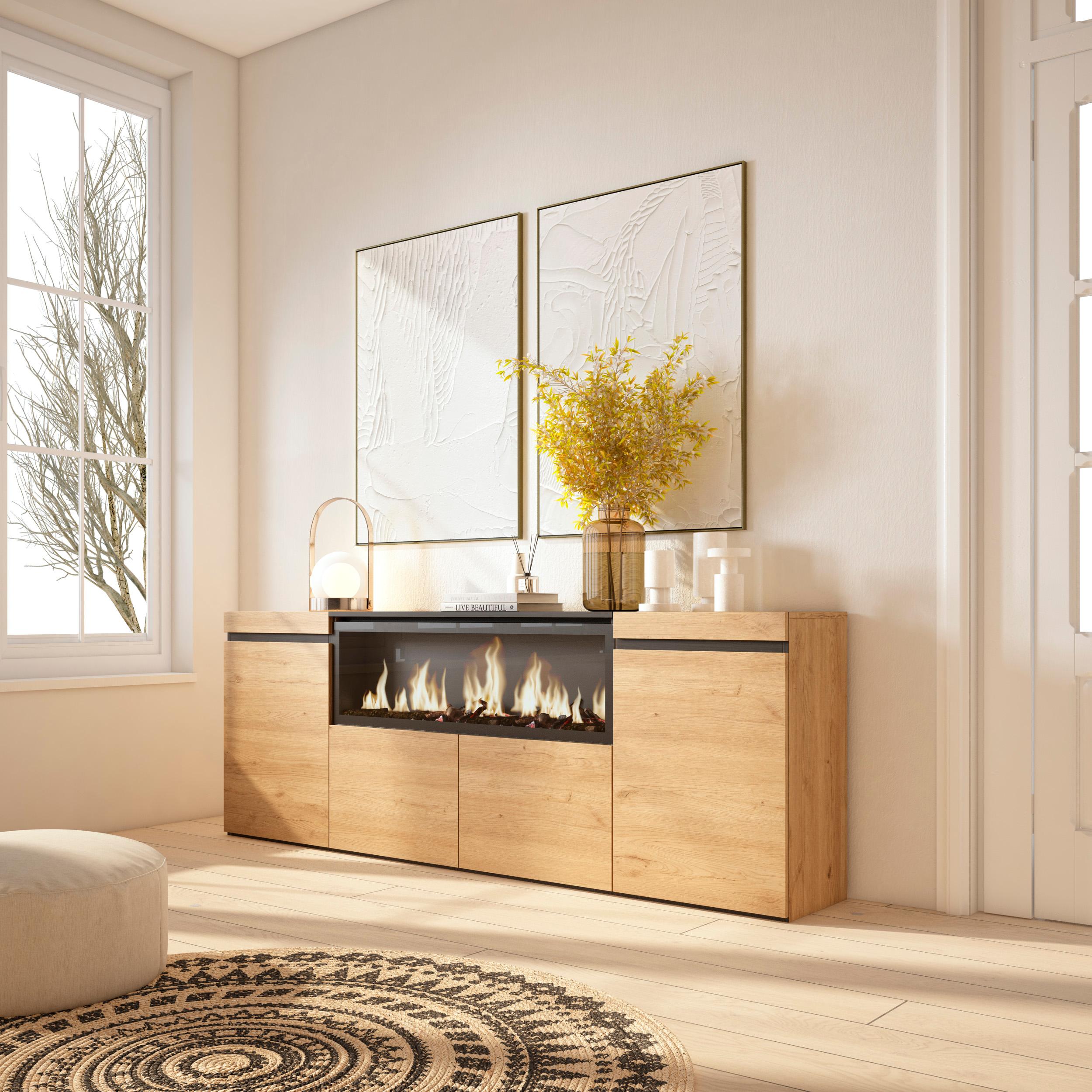 Credenza, Mobile, 208x35x75cm, 4 Porte, Camino elettrico XXL, colore Rovere RF3226