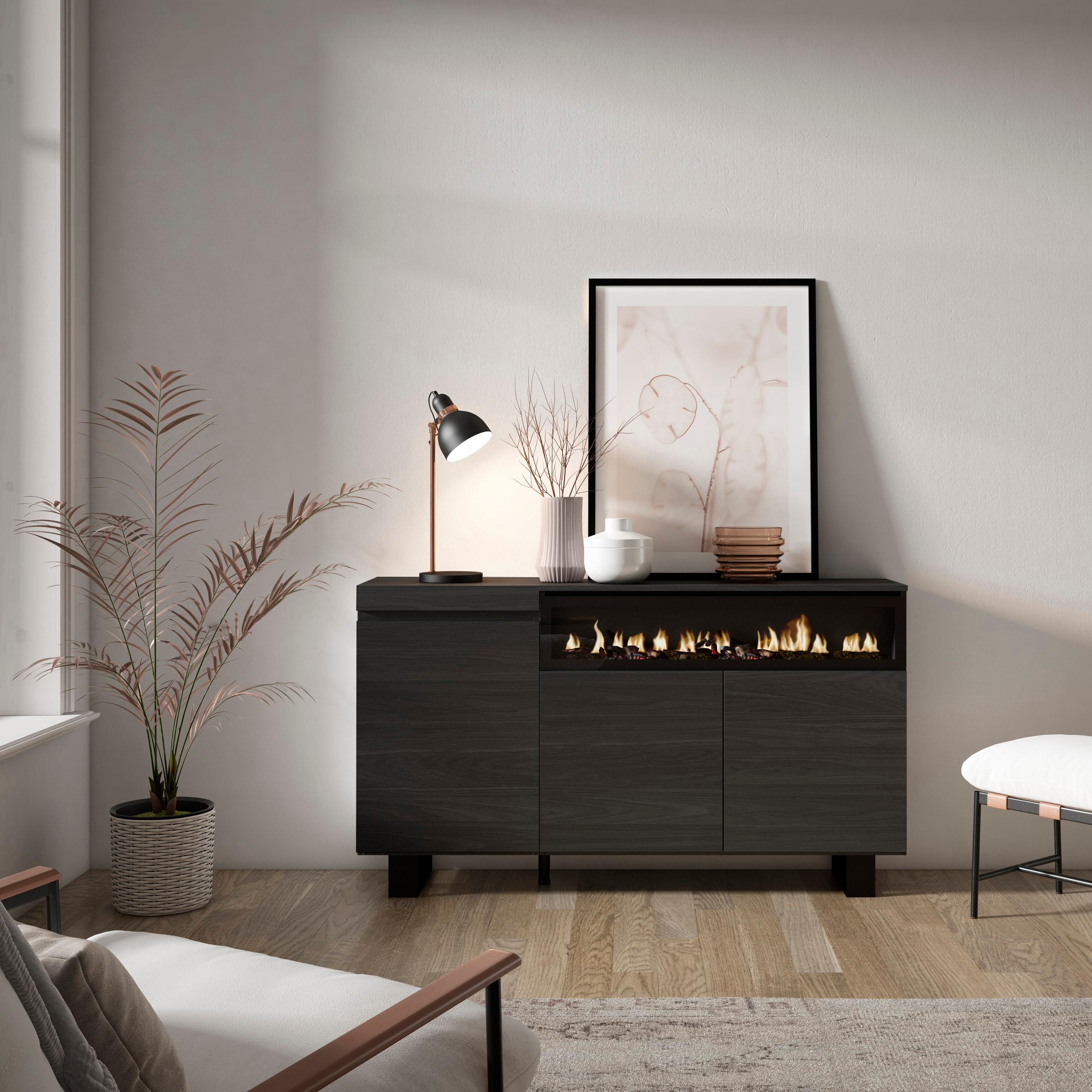 Credenza, Mobile, 150x35x87cm, 3 Porte, Camino elettrico, Design industriale, Nero RF2515