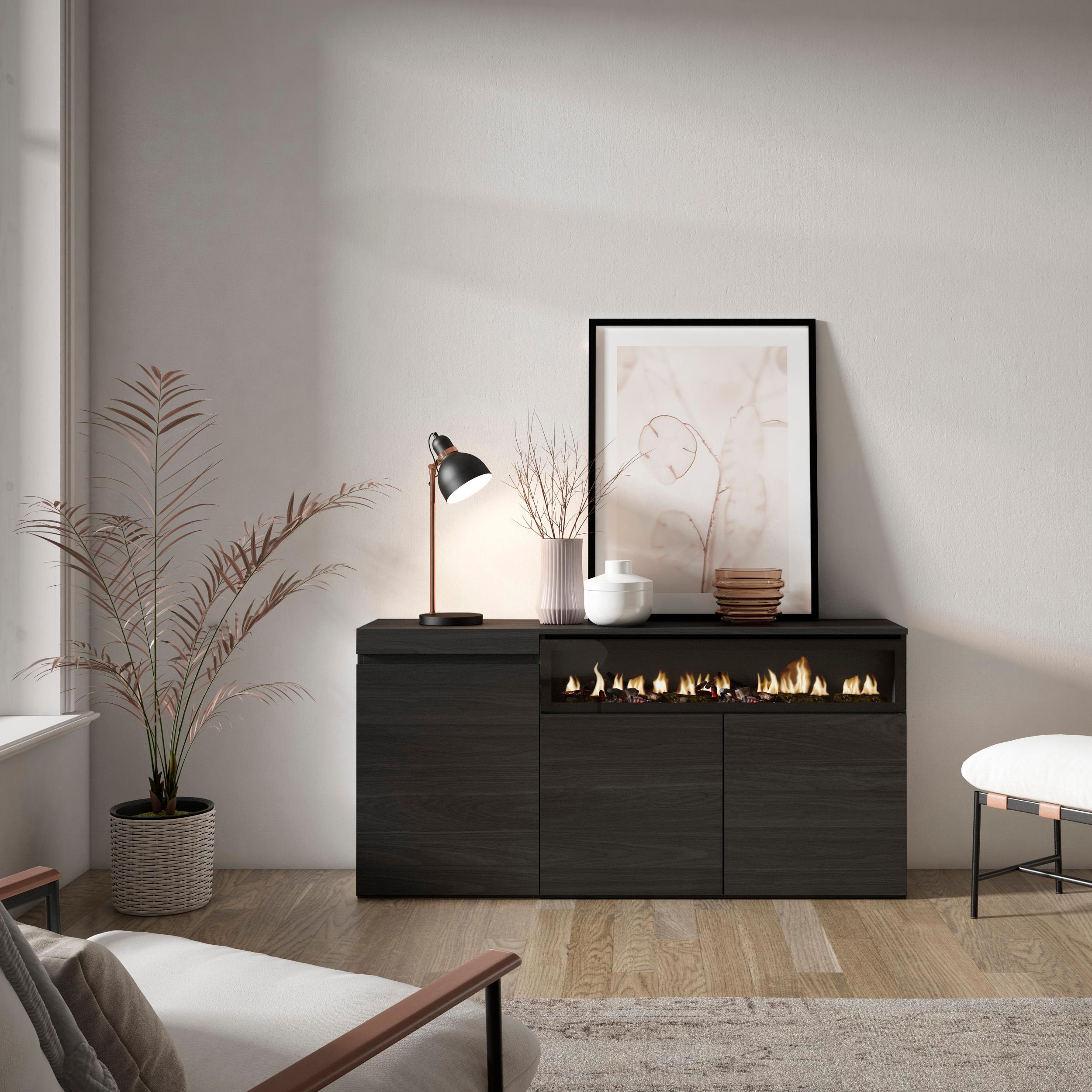 Credenza, Mobile, 150x35x75cm, 3 Porte, Camino elettrico, Nero RF2514