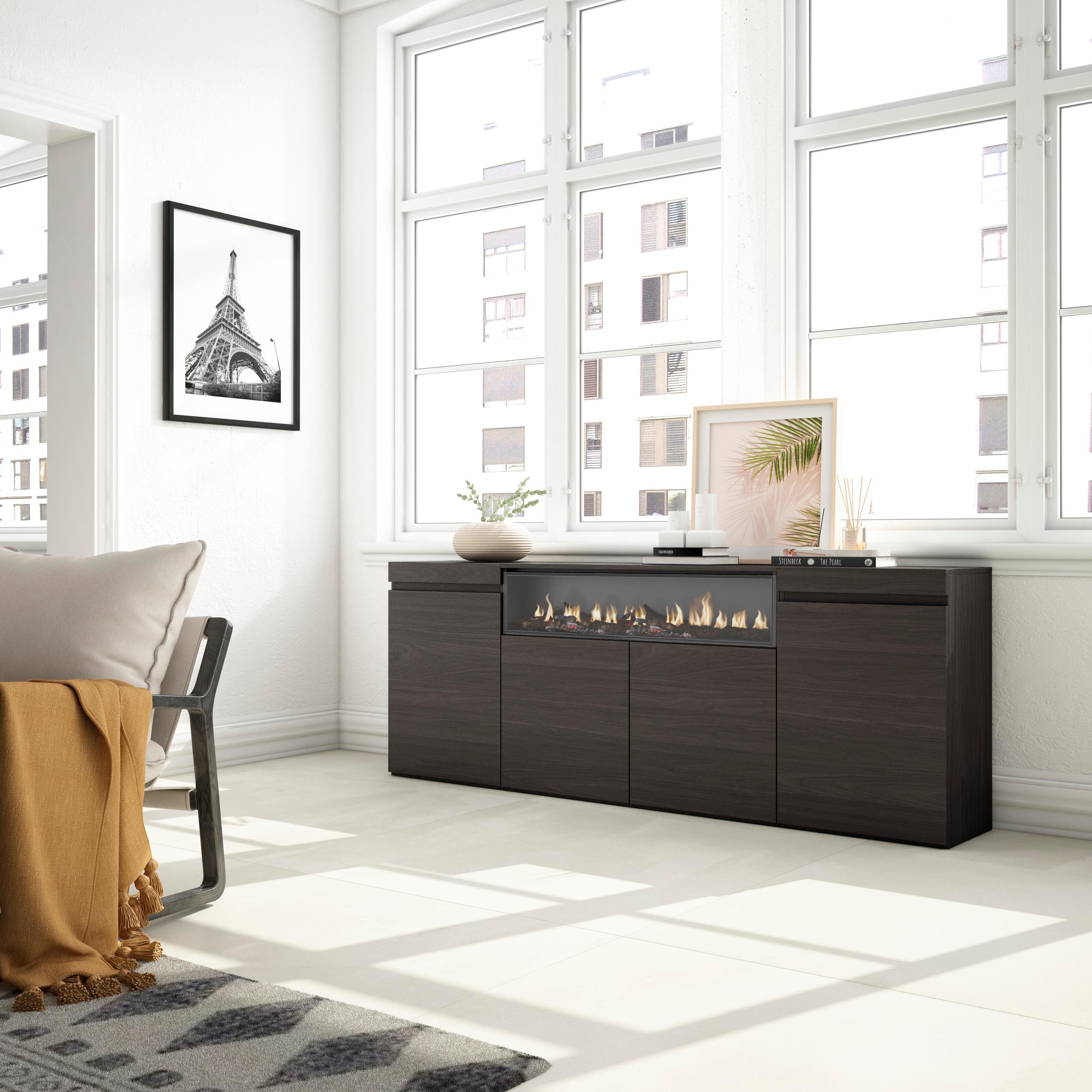 Credenza, Mobile, 200x35x75cm, 4 Porte, Camino elettrico, Nero RF2294