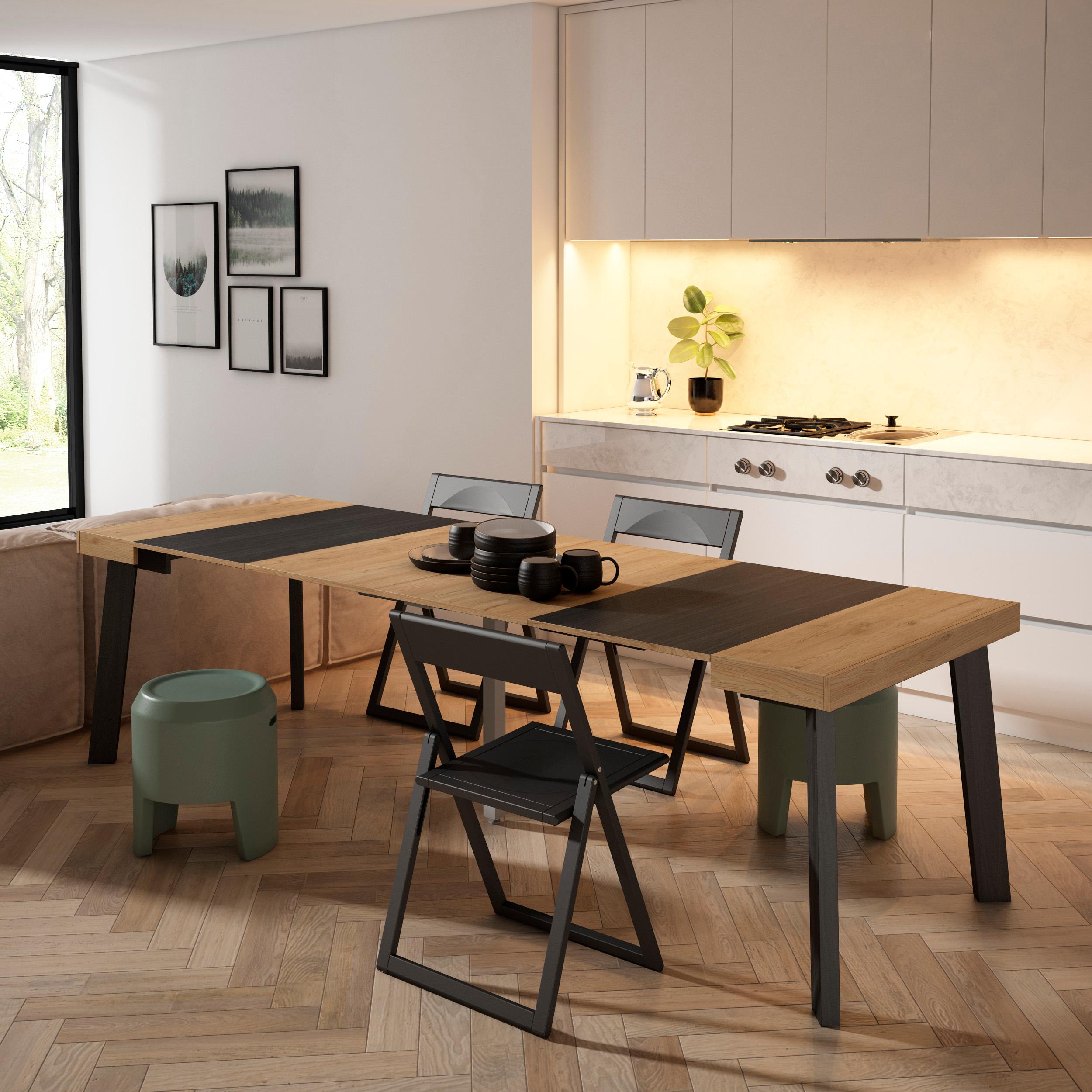 Consolle allungabile, 262x90x73cm, Per 12 persone, Gambe in legno, colore Rovere e nero RF3030