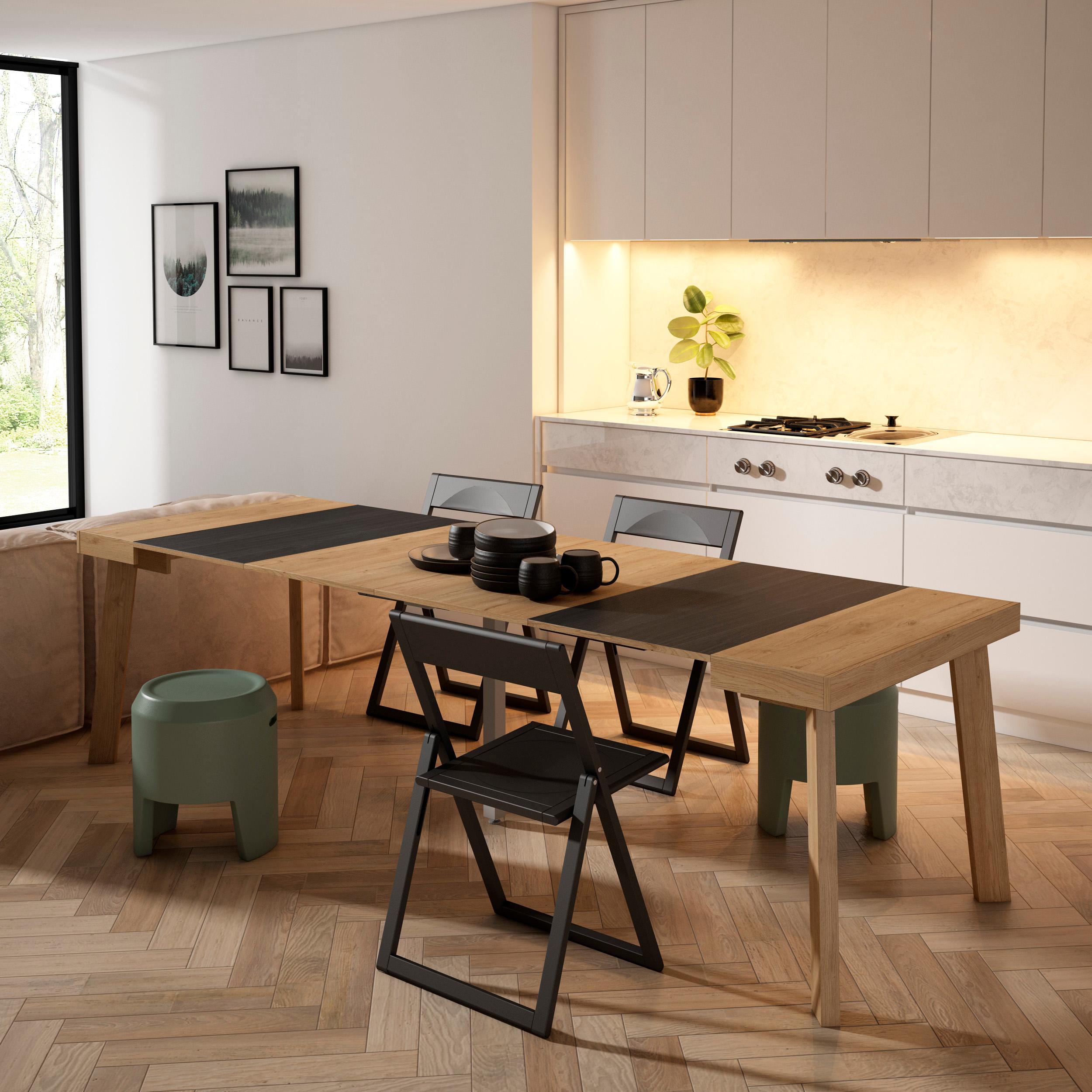 Consolle allungabile, 262x90x73cm, Per 12 persone, Gambe in legno, colore Rovere e nero RF3089