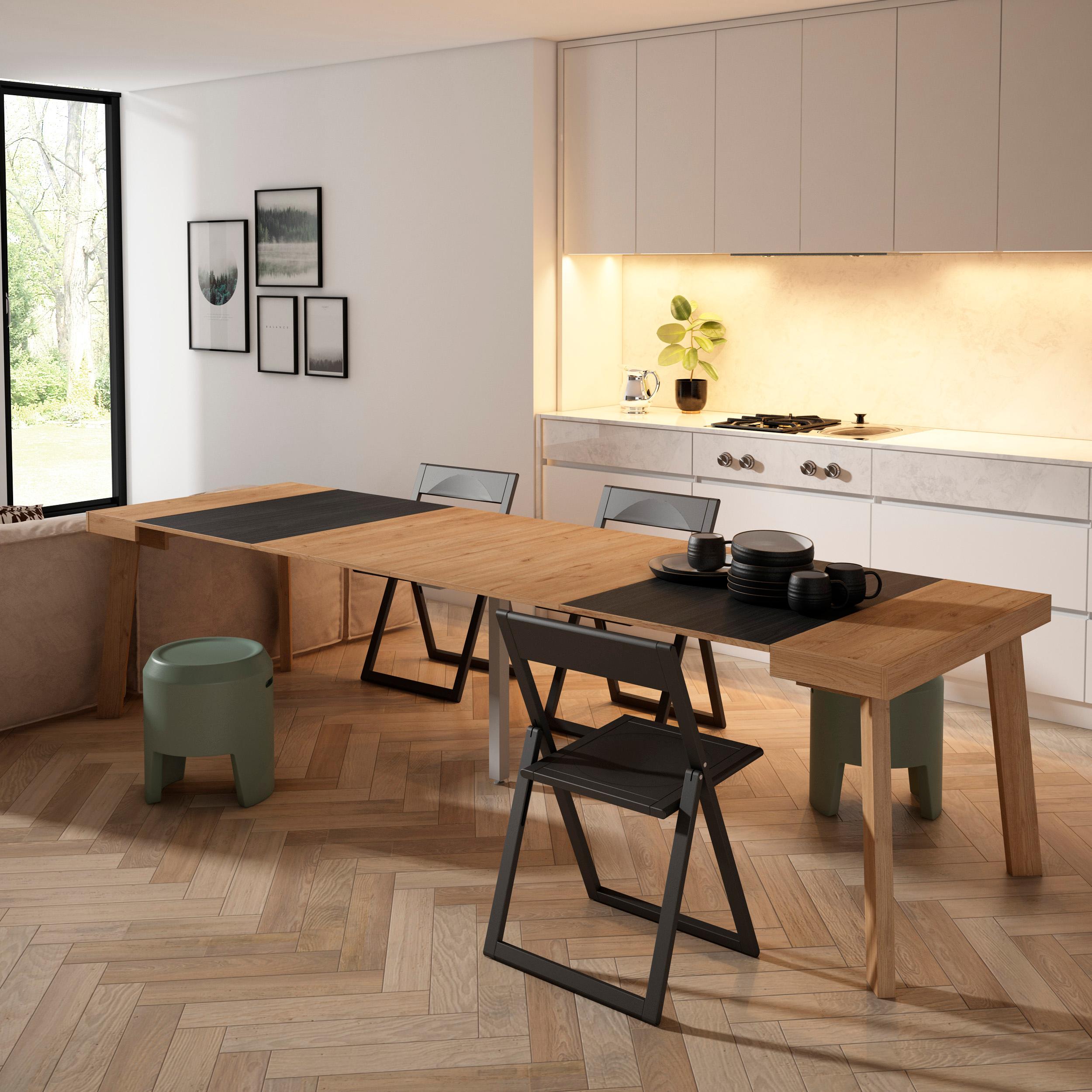 Consolle allungabile, 302x90x73cm, Per 14 persone, Gambe in legno, colore Rovere e nero RF3100