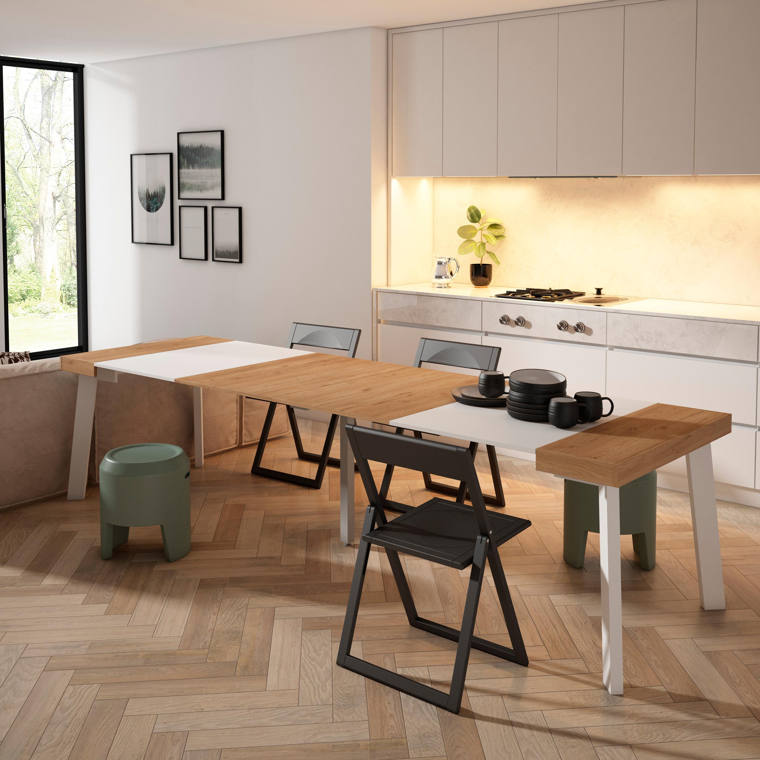 Consolle allungabile, 302x90x73cm, Per 14 persone, Gambe in legno, colore Rovere e bianco RF3107