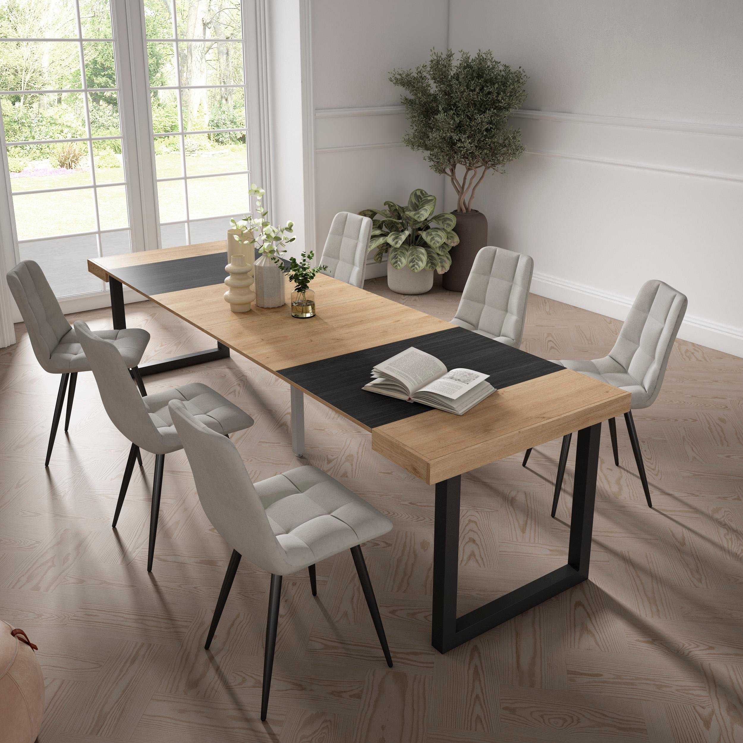 Consolle allungabile, 302x90x73cm, Per 14 persone, Gambe in legno, colore Rovere e nero RF2948