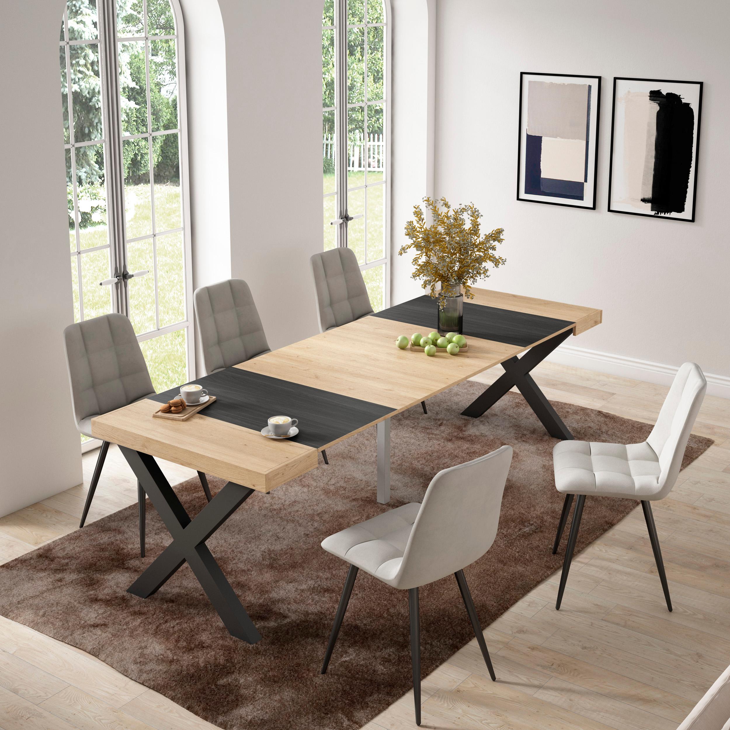Consolle allungabile, 58 fino 262x90x73cm, Per 12 persone, Gambe in legno, colore Rovere e nero RF2803