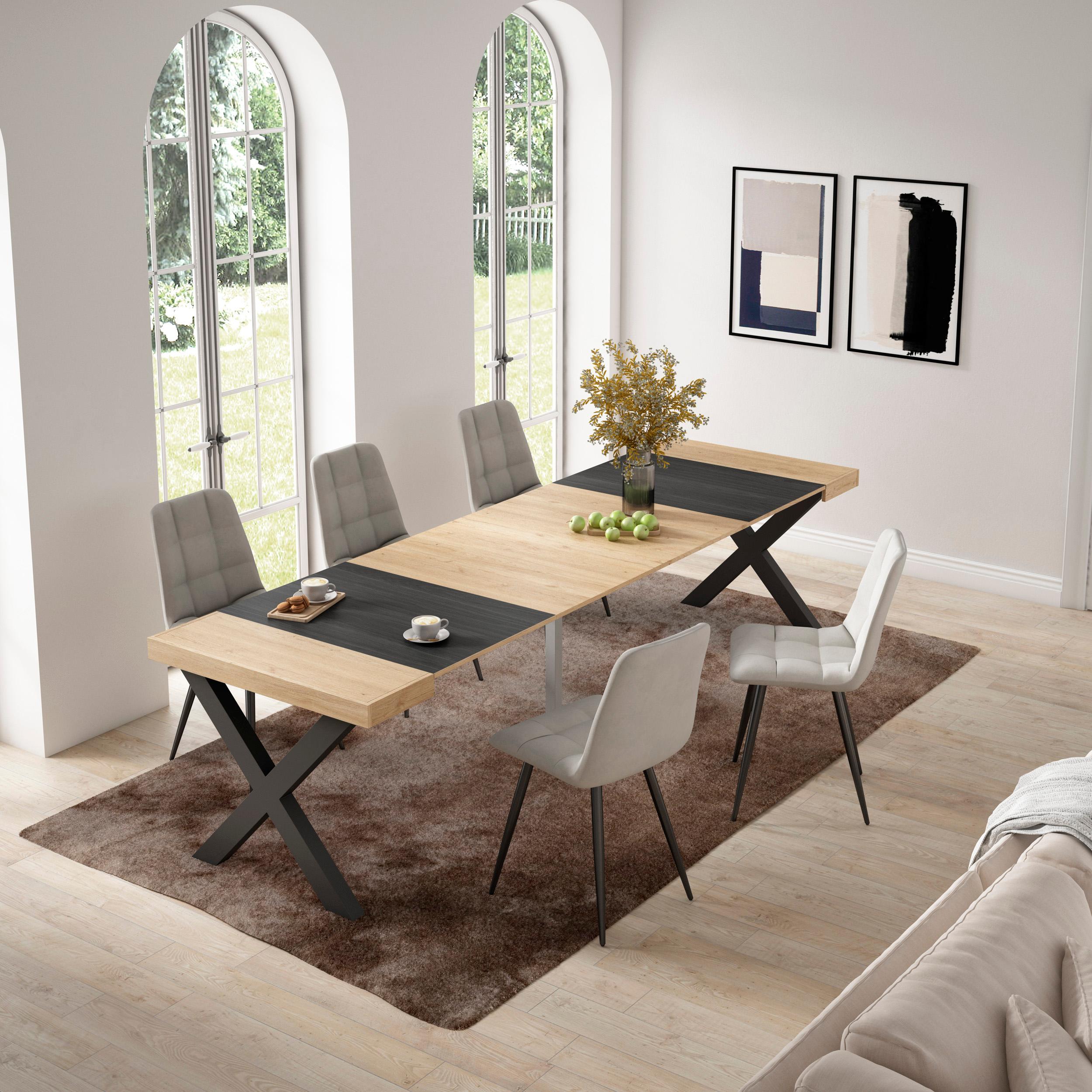 Consolle allungabile, 58 fino 302x90x73cm, Per 14 persone, Gambe in legno, colore Rovere e nero RF2830