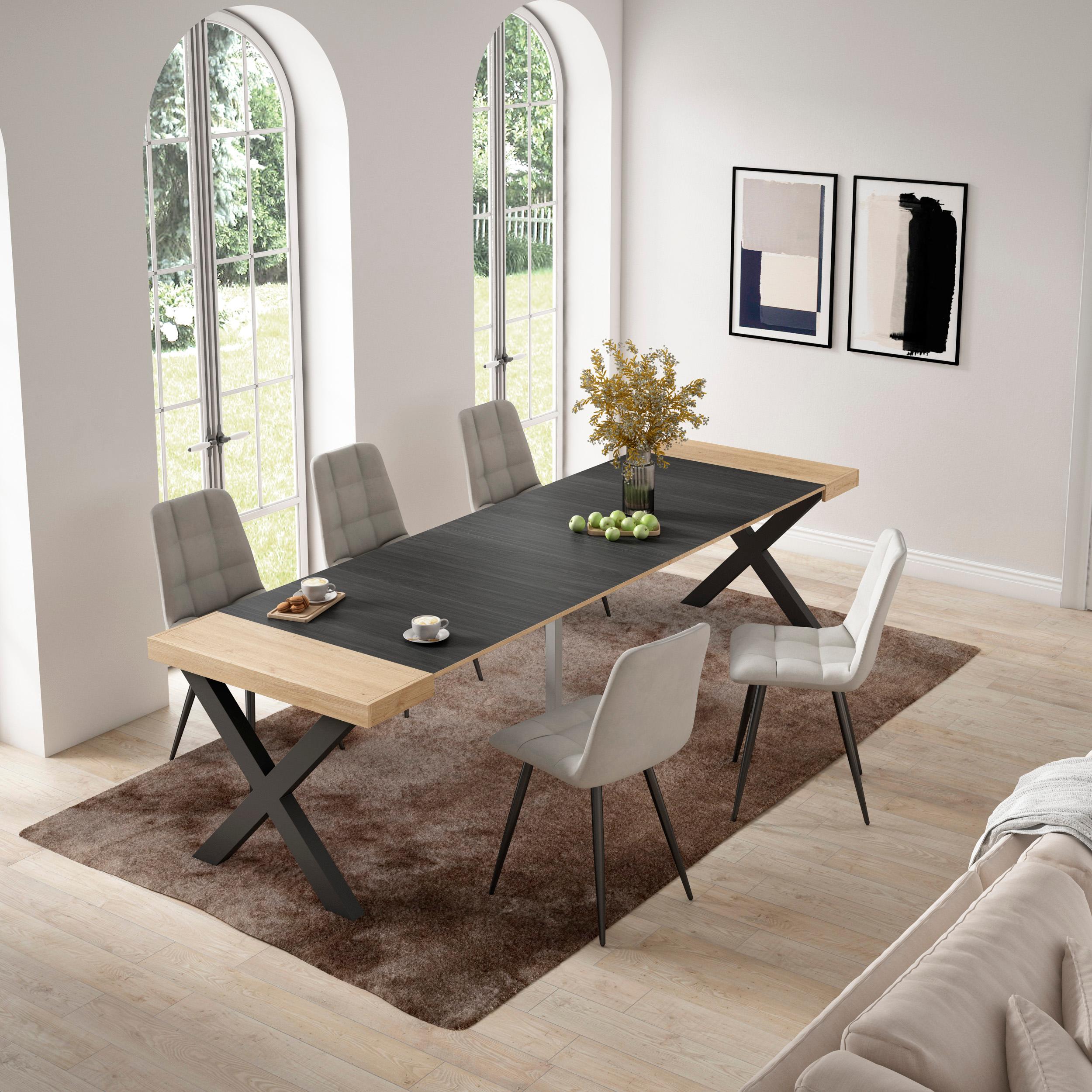 Consolle allungabile, 58 fino 302x90x73cm, Per 14 persone, Gambe in legno, colore Rovere e nero RF2829