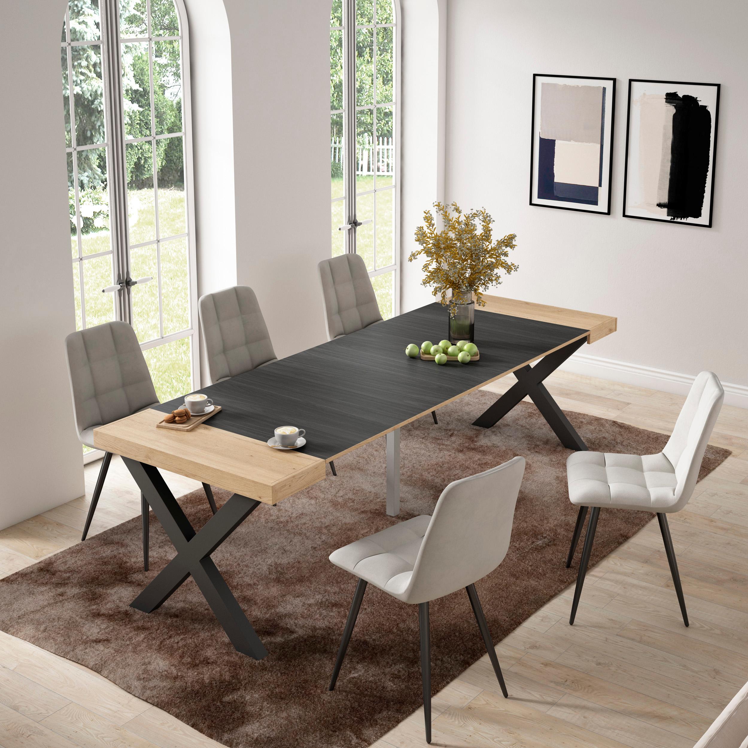 Consolle allungabile, 58 fino 262x90x73cm, Per 12 persone, Gambe in legno, colore Rovere e nero RF2802