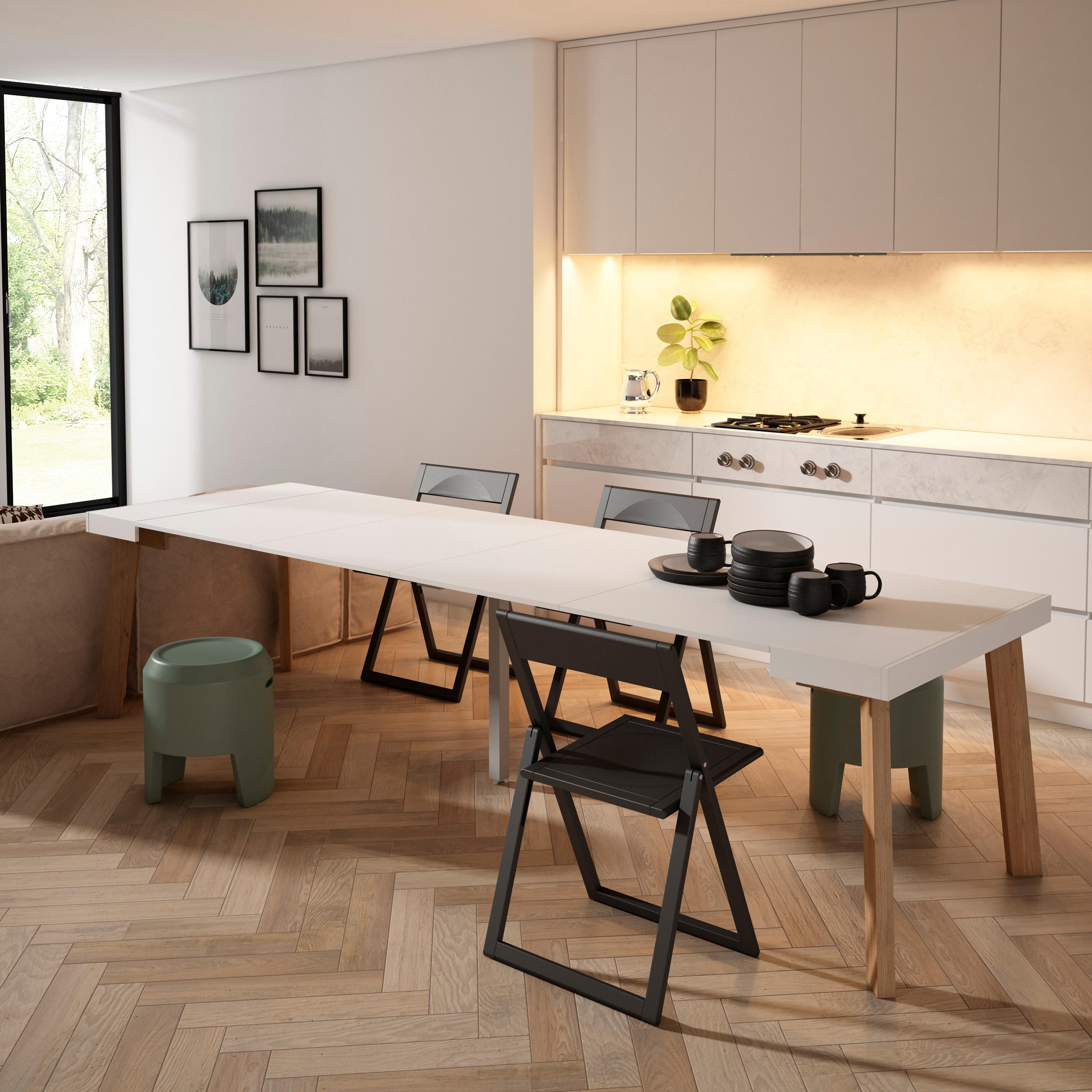 Consolle allungabile, 302x90x73cm, Per 14 persone, Gambe in legno, Bianco RF3096