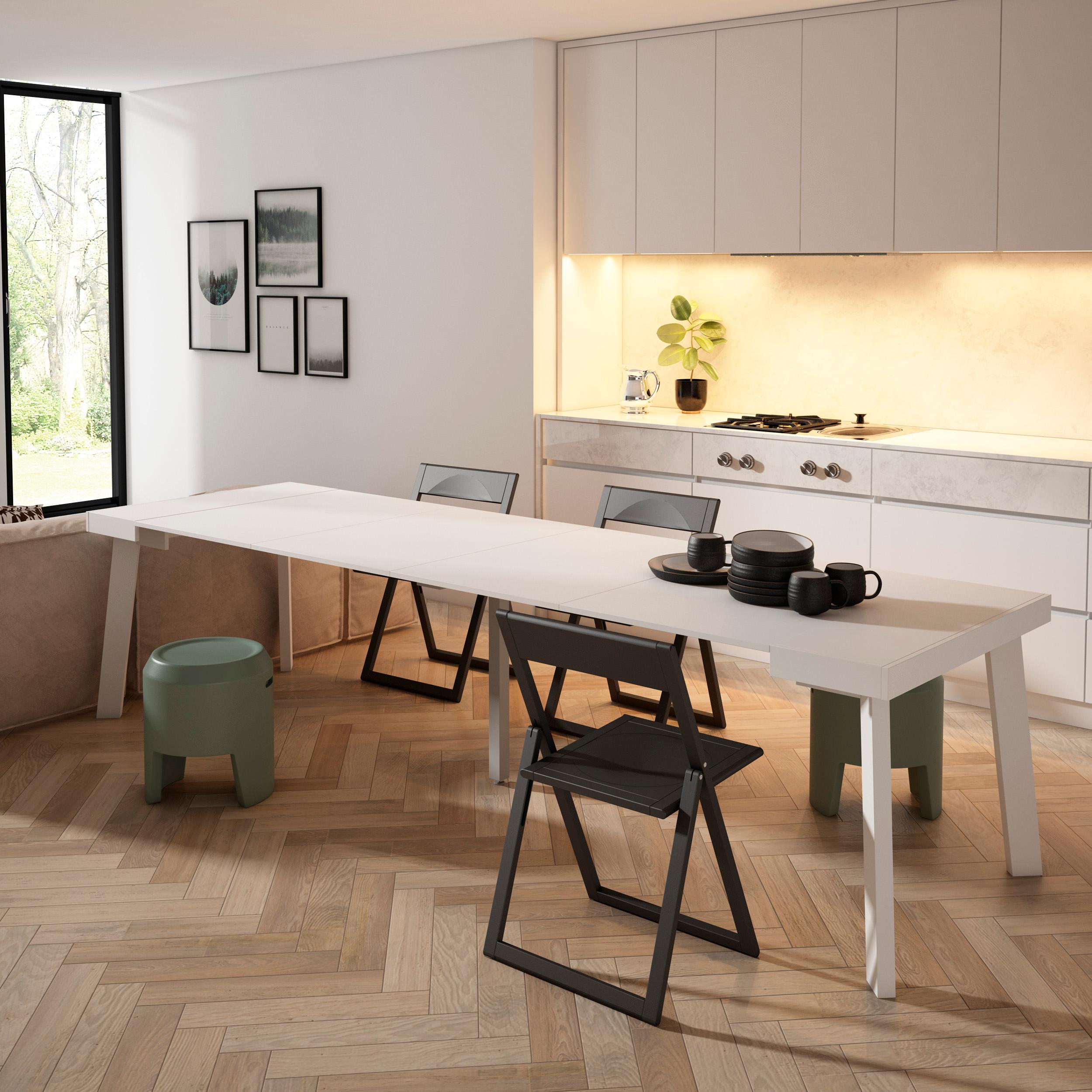 Consolle allungabile, 302x90x73cm, Per 14 persone, Gambe in legno, Bianco RF3110