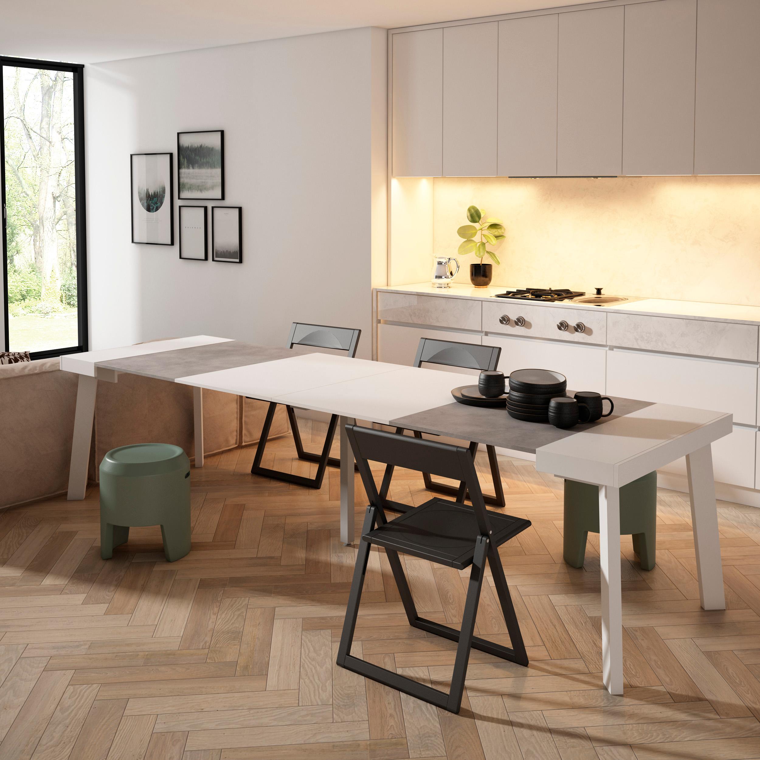 Consolle allungabile, 302x90x73cm, Per 14 persone, Gambe in legno, Bianco e grigio cemento RF3109