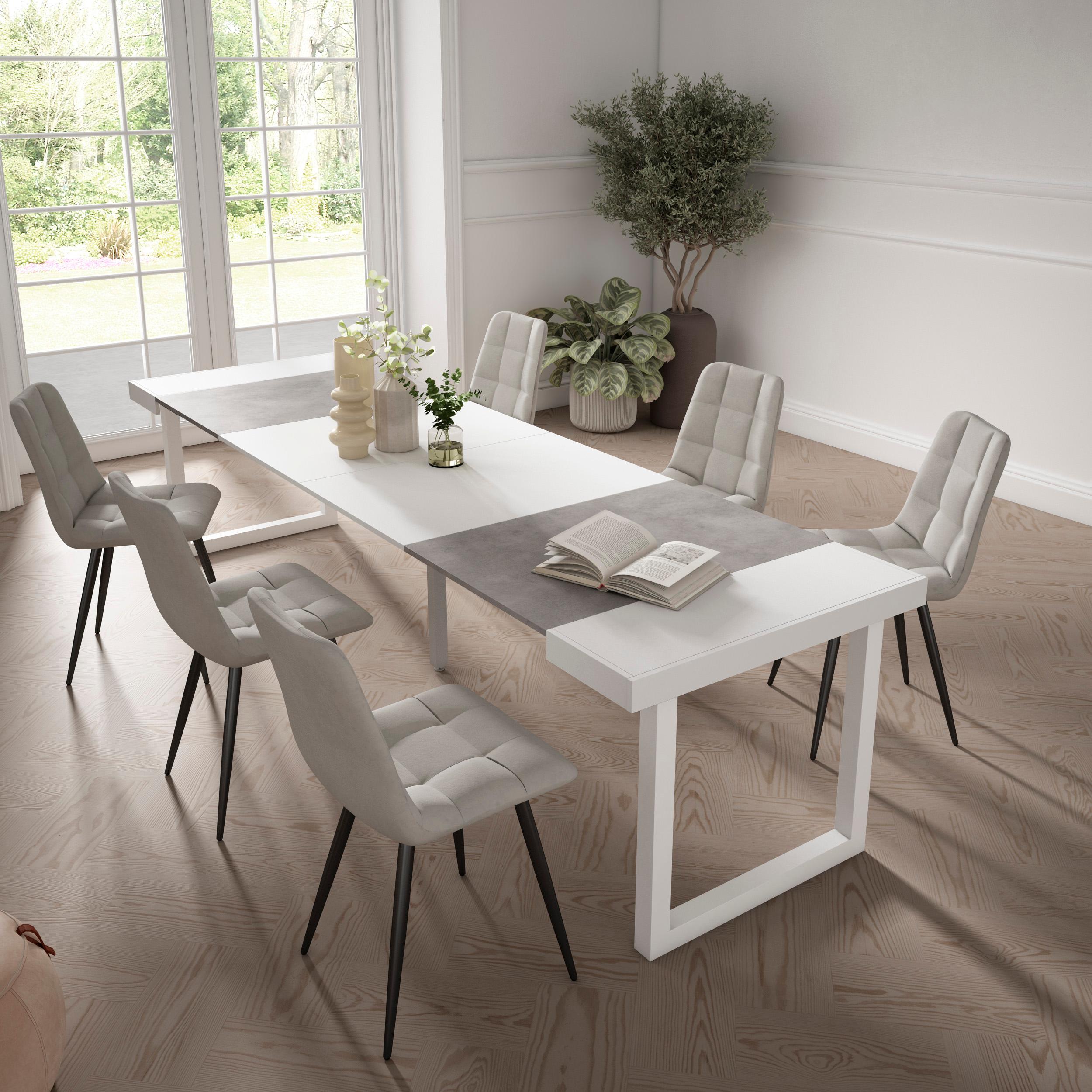 Consolle allungabile, 302x90x73cm, Per 14 persone, Gambe in legno, Bianco e grigio cemento RF2968