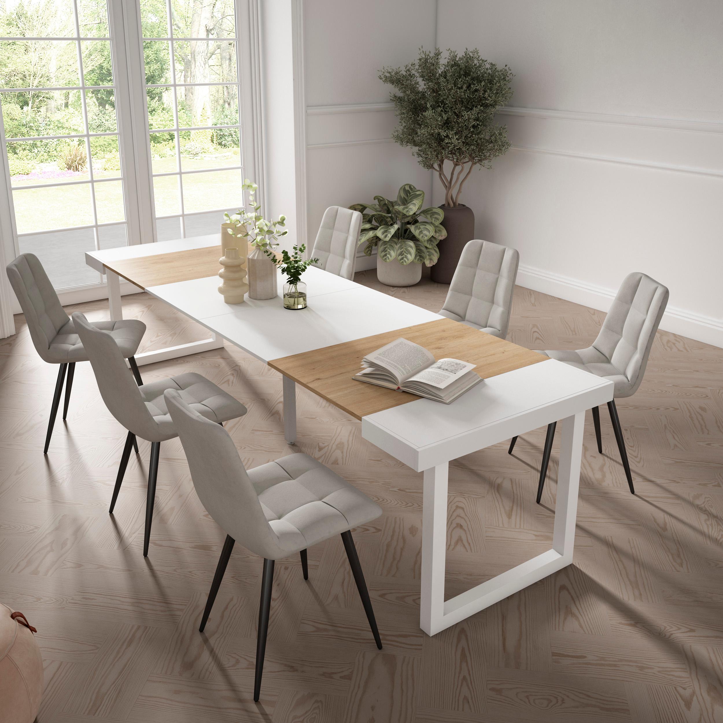 Consolle allungabile, 302x90x73cm, Per 14 persone, Gambe in legno, colore Rovere e bianco RF2967