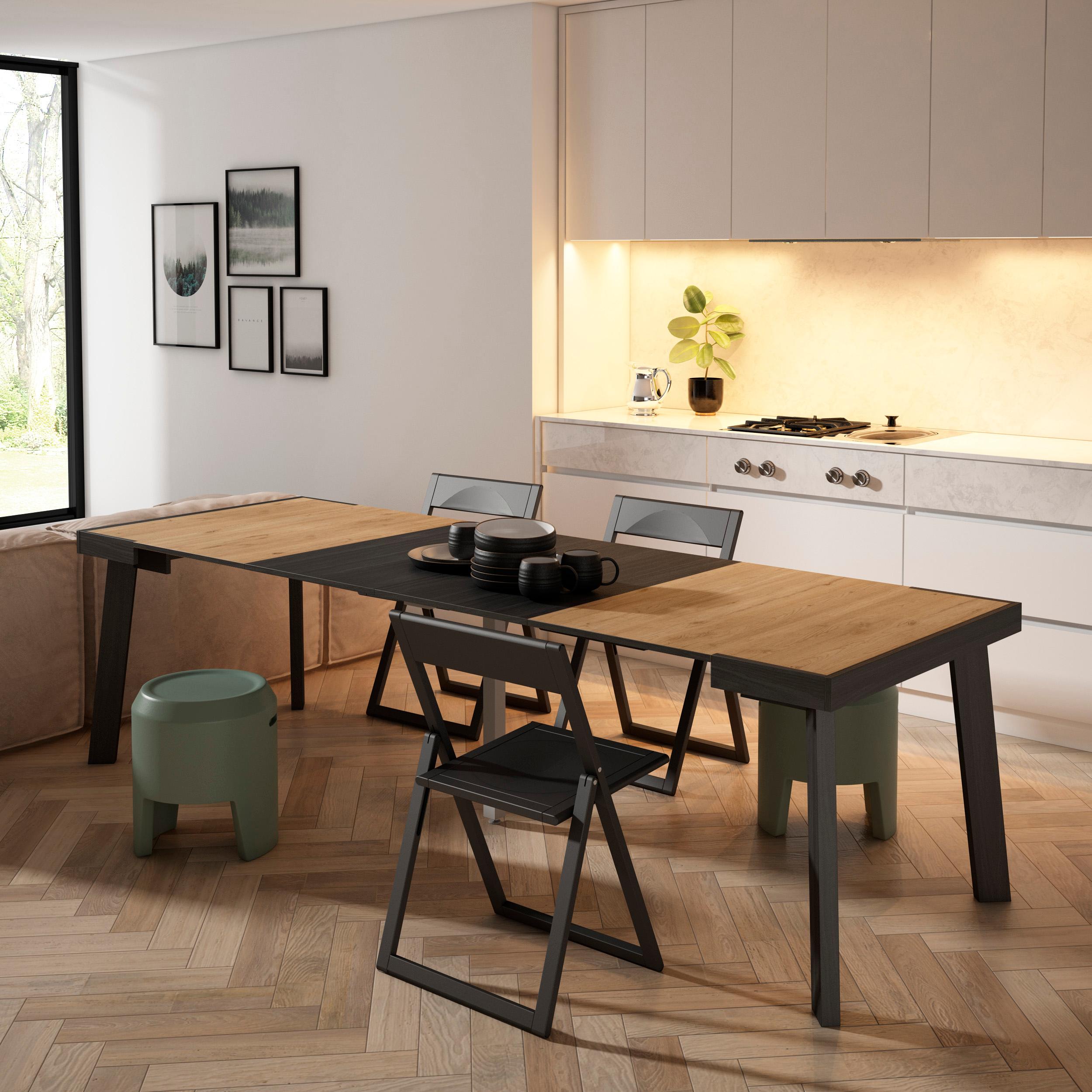 Consolle allungabile, 262x90x73cm, Per 12 persone, Gambe in legno, colore Rovere e nero RF3025