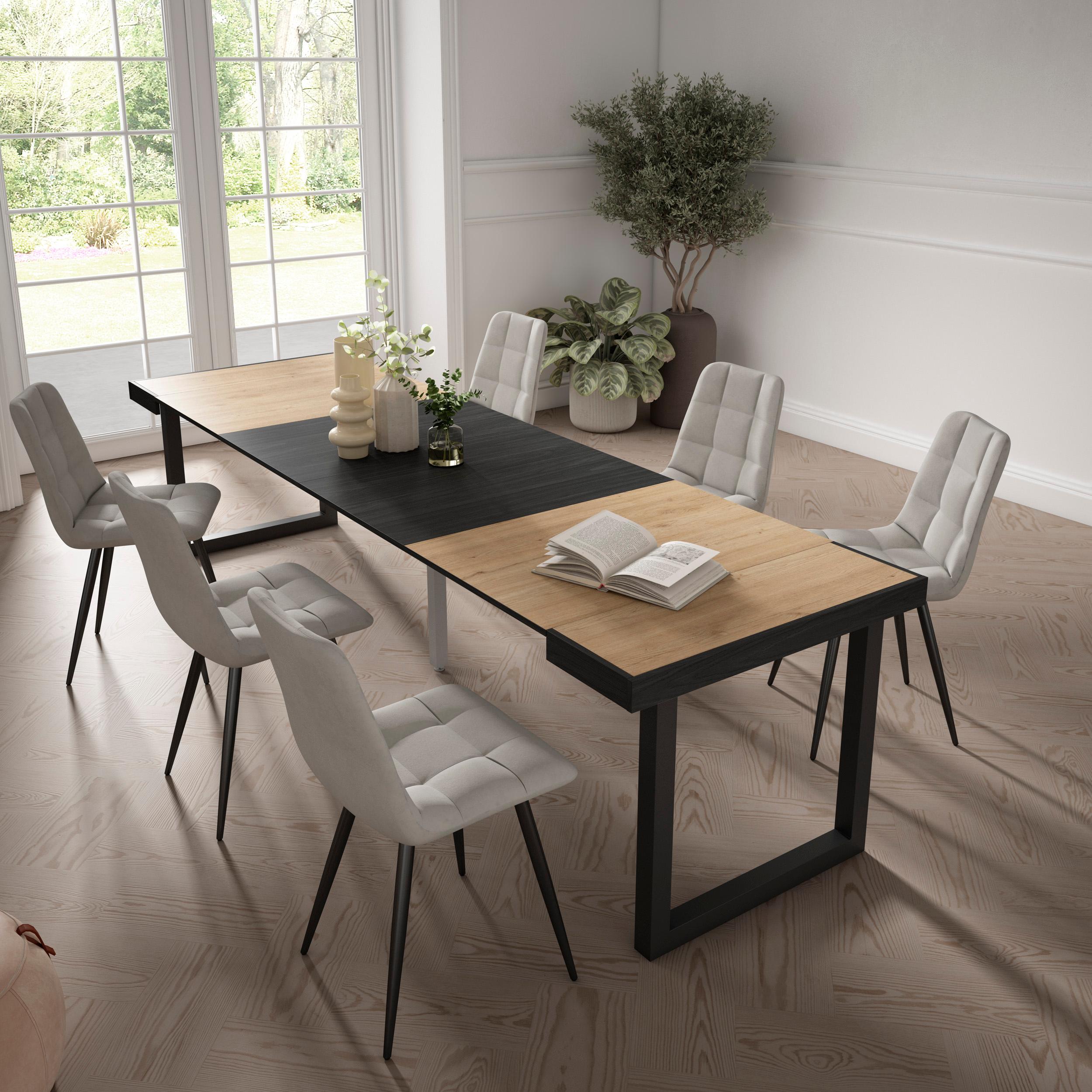 Consolle allungabile, 302x90x73cm, Per 14 persone, Gambe in legno, colore Rovere e nero RF2943