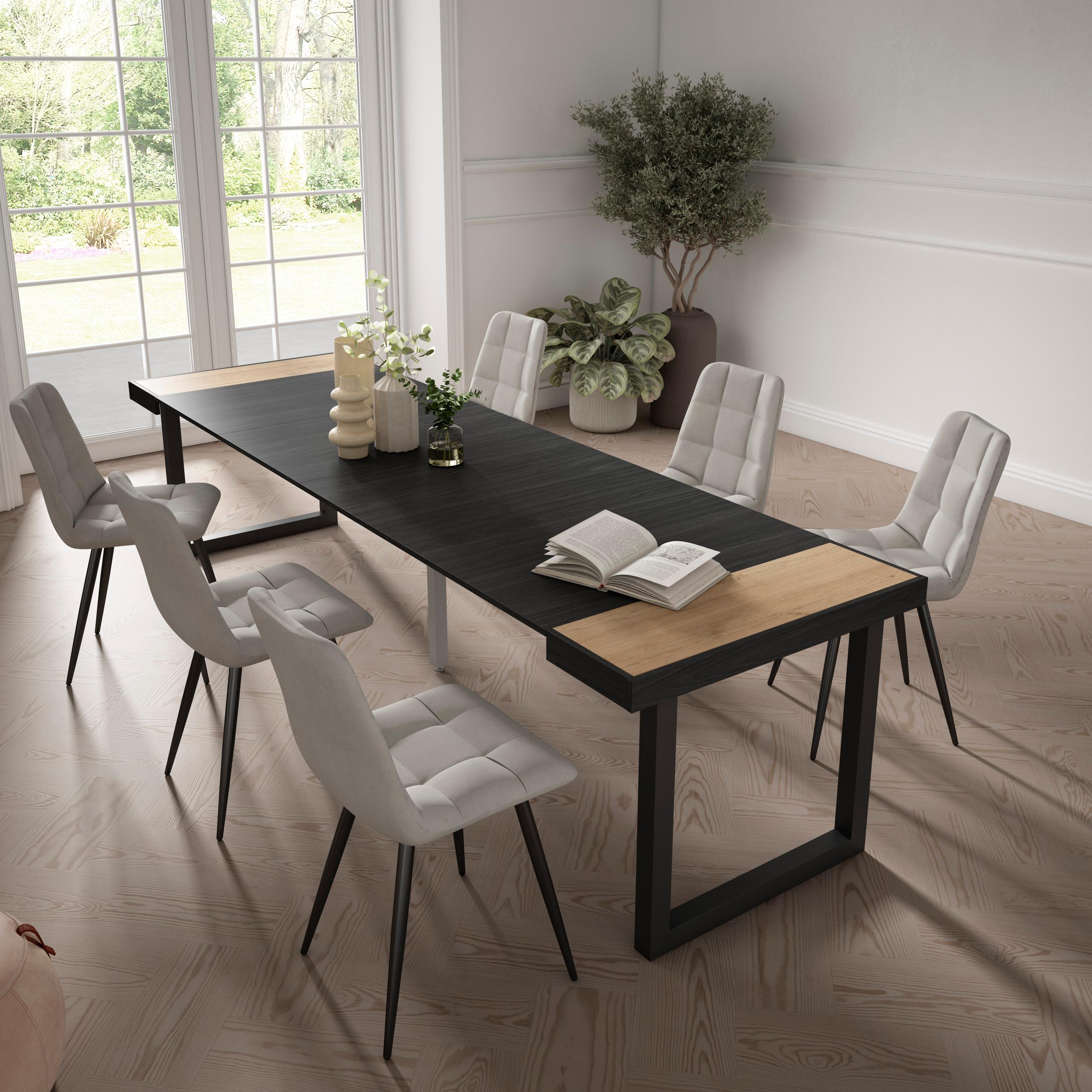 Consolle allungabile, 302x90x73cm, Per 14 persone, Gambe in legno, colore Rovere e nero RF2945