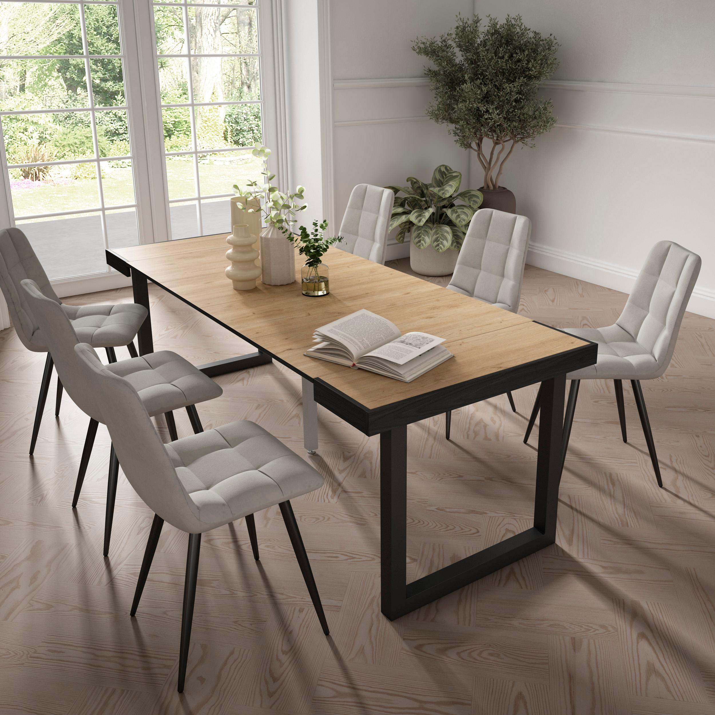 Consolle allungabile, 222x90x73cm, Per 10 persone, Gambe in legno, Nero e colore Rovere RF2929