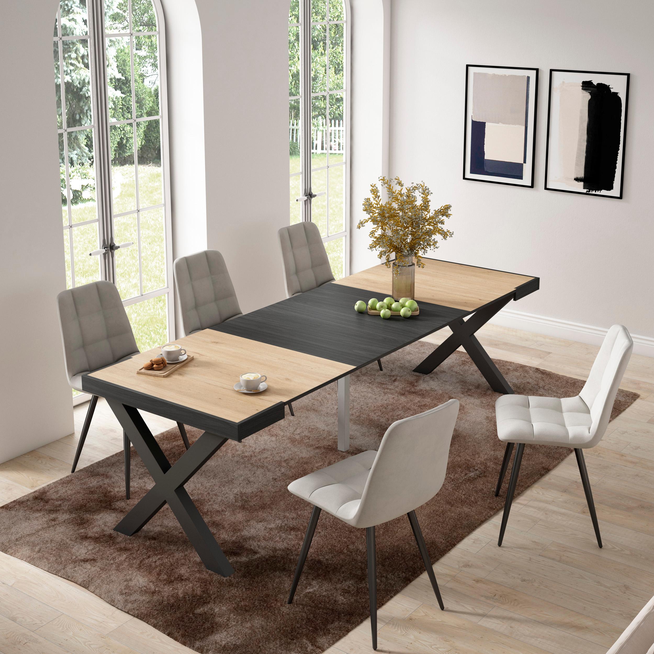 Consolle allungabile, 58 fino 262x90x73cm, Per 12 persone, Gambe in legno, colore Rovere e nero RF2808
