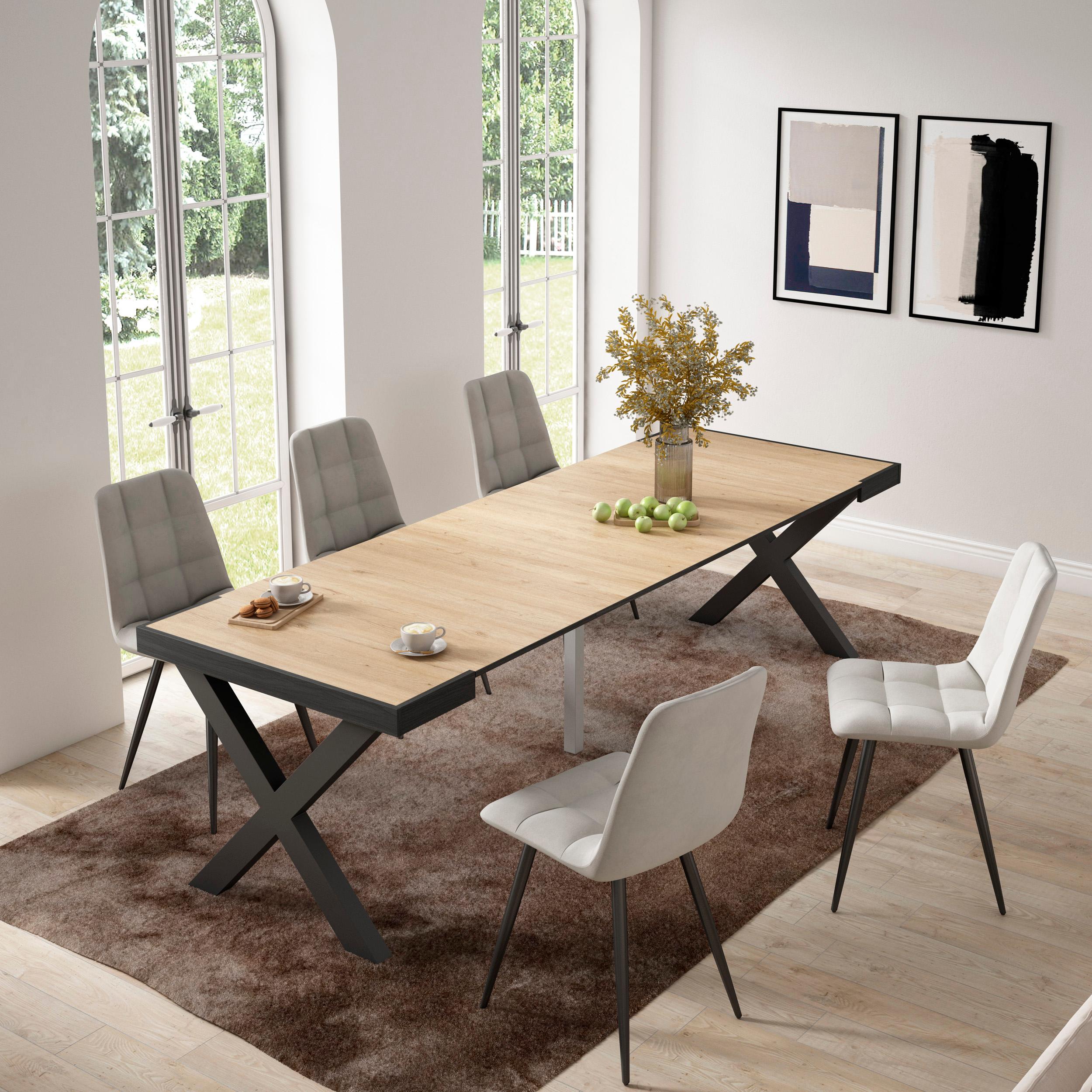 Consolle allungabile, 58 fino 262x90x73cm, Per 12 persone, Gambe in legno, colore Rovere e nero RF2807
