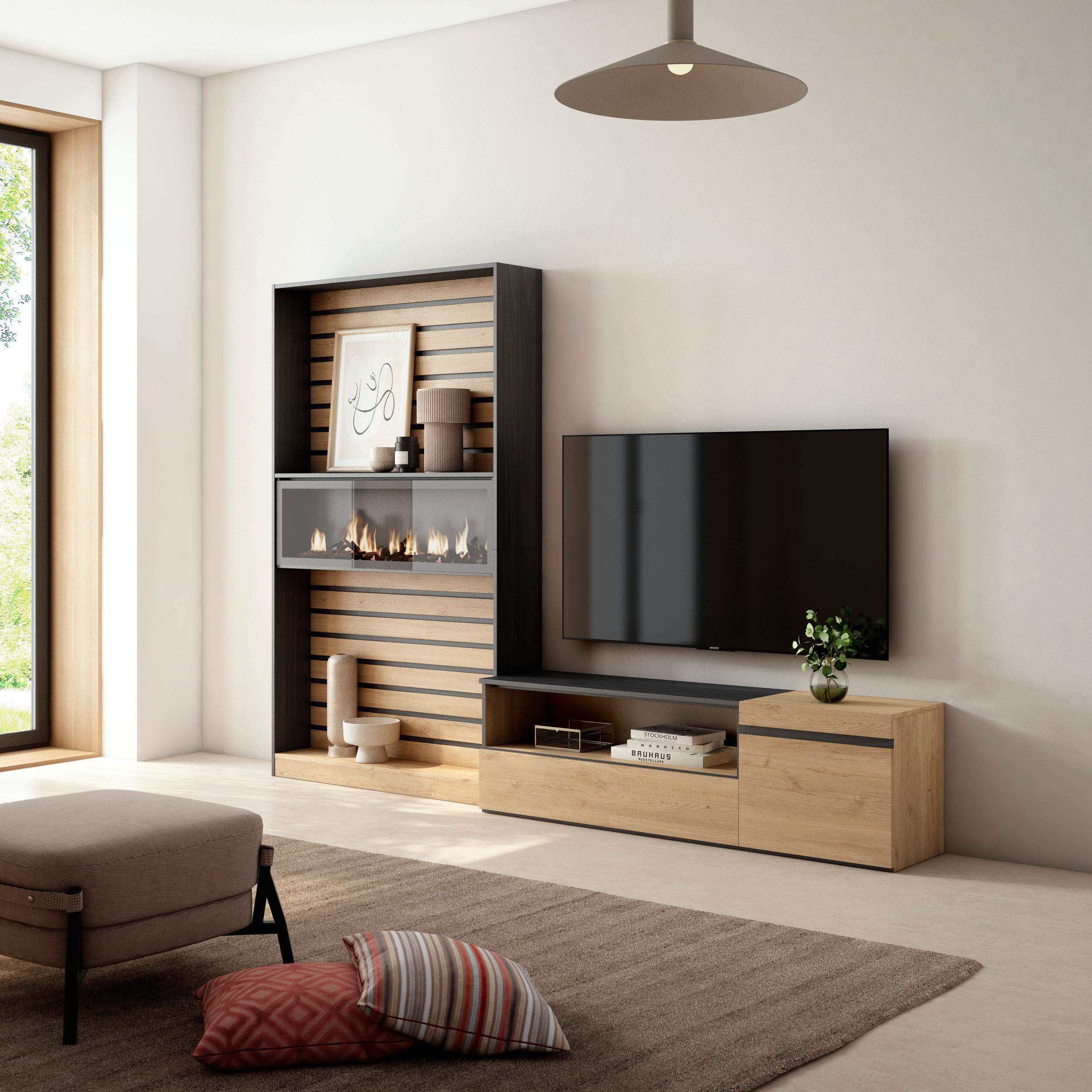 Mobile TV, Soggiorno, 260x35x186cm, Per TV fino a 65", Camino elettrico, colore Rovere e nero RF3156