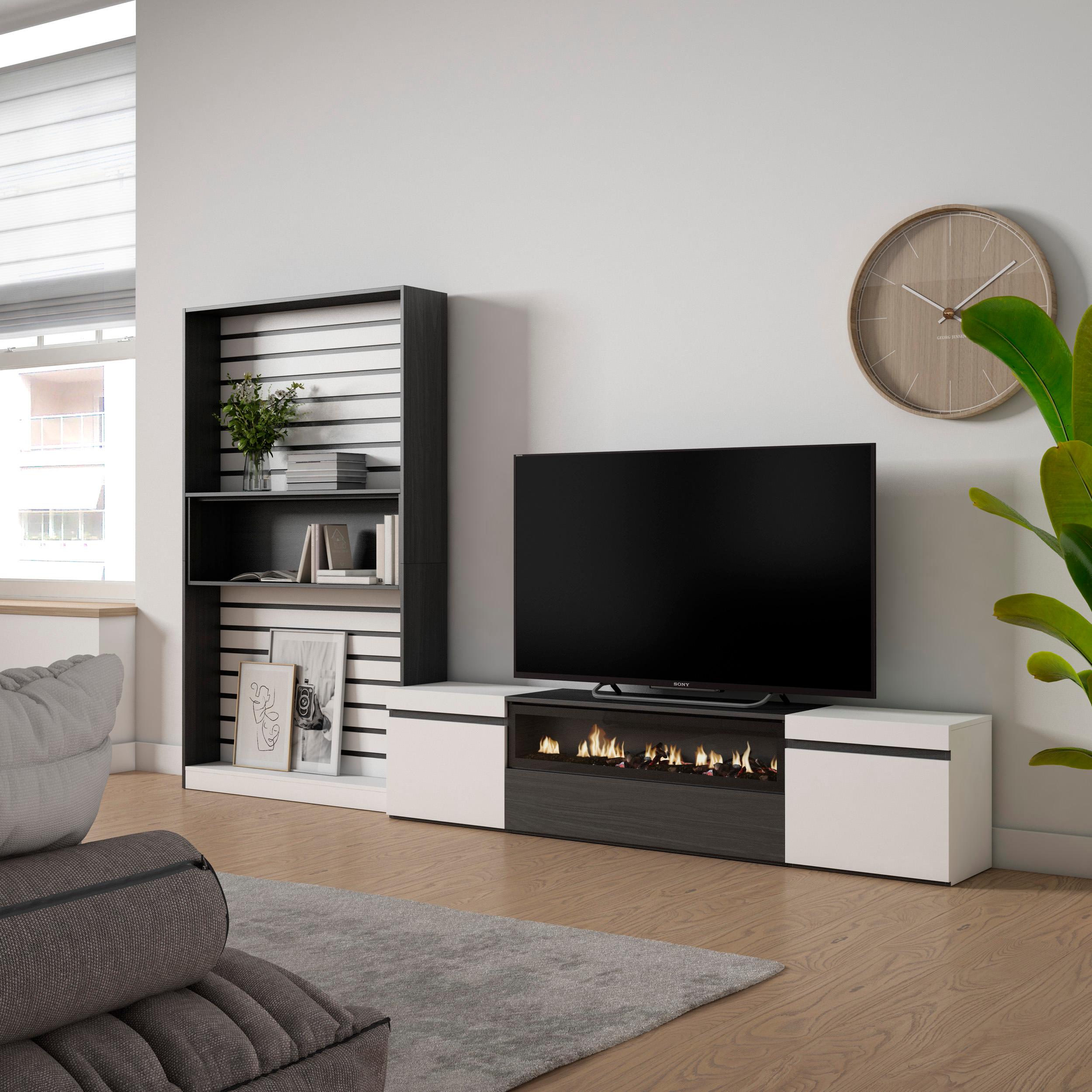 Mobile TV, Soggiorno, 310x35x186cm, Per TV fino a 80", Camino elettrico, Bianco e nero RF2847
