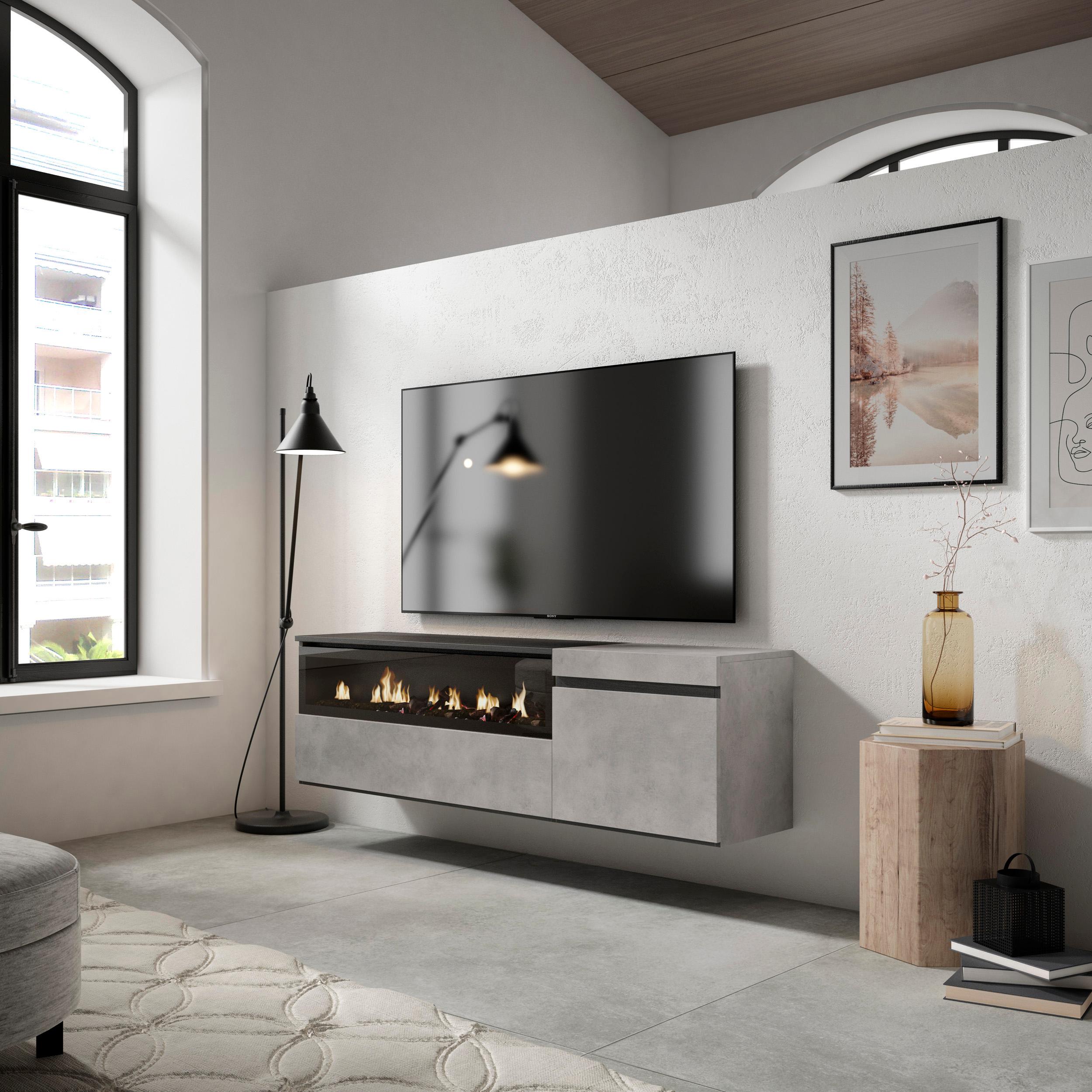 Mobile TV Soggiorno, 150x35x45cm, Per TV fino a 65", Camino elettrico, da appendere, grigio cemento RF2468